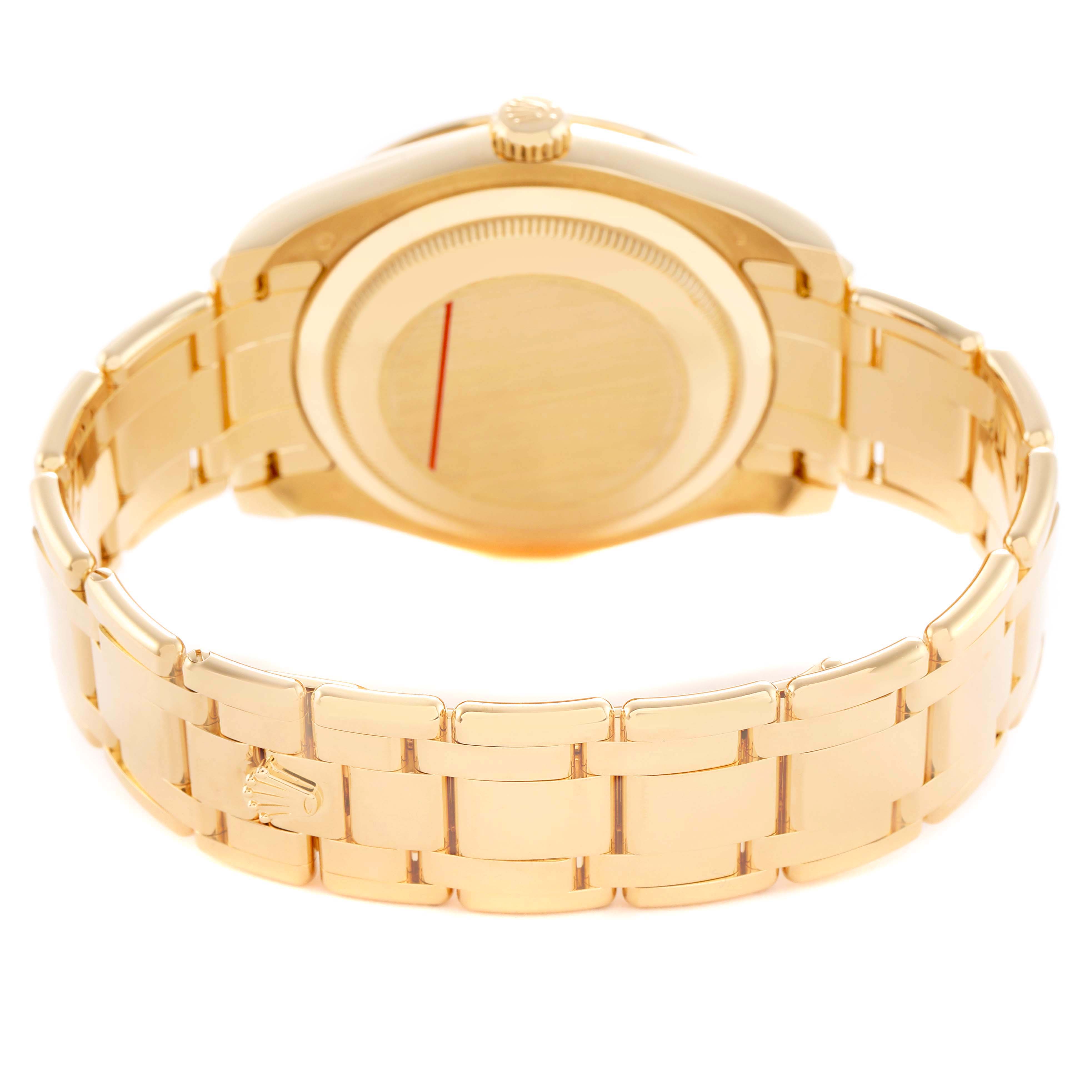 The image shows the back and bracelet of a Rolex Pearlmaster 86348SAJOR Men's Yellow Gold Orange Dial watch, highlighting the clasp and links.