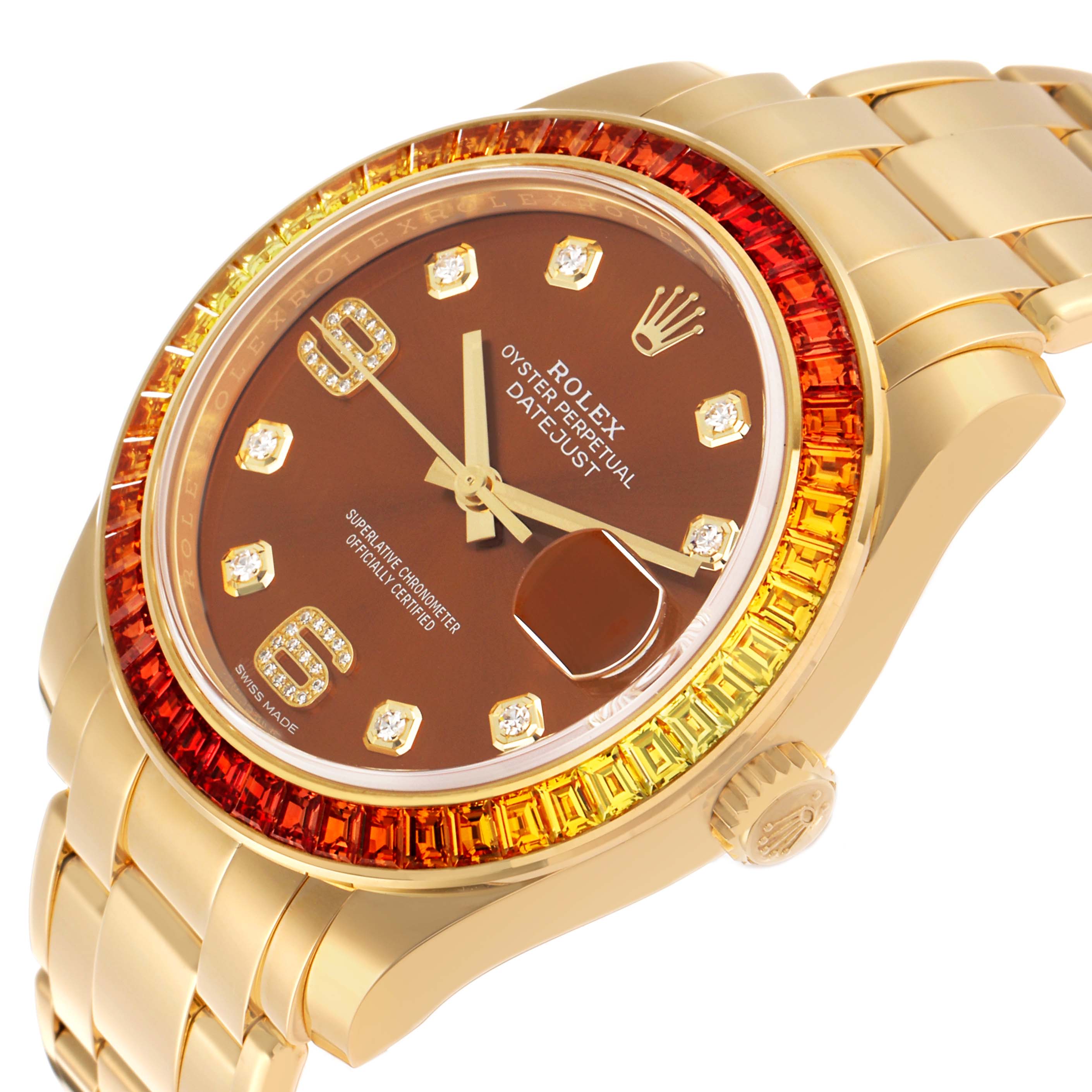 The Rolex Pearlmaster 86348SAJOR Men's Yellow Gold Orange Dial watch is shown at an angled view, highlighting the dial, bezel, and part of the bracelet.