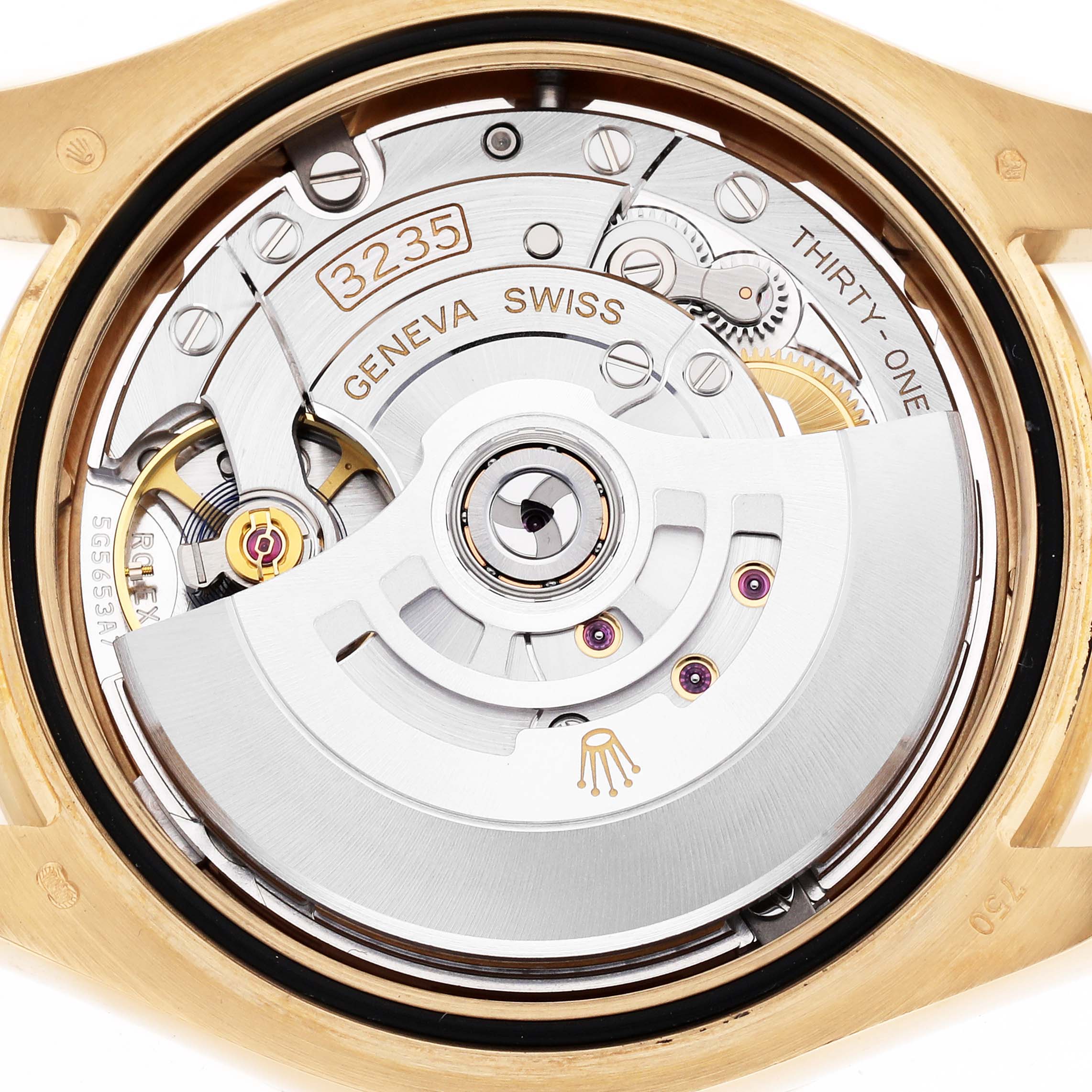The image shows the back view of a Rolex Pearlmaster 86348SAJOR Men's Yellow Gold Orange Dial watch, displaying its intricate movement and rotor mechanism.