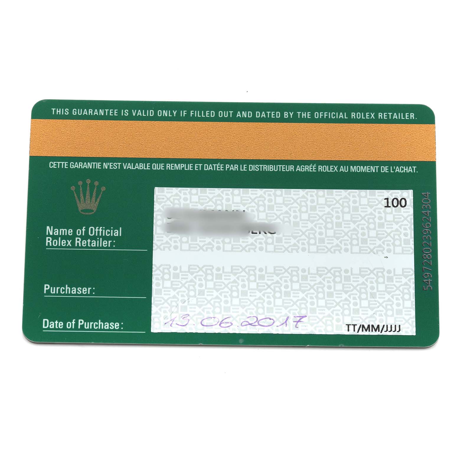 The image shows the warranty card for the Rolex President 279175 Women's Rose Gold Brown Dial model, detailing the retailer and purchase date.