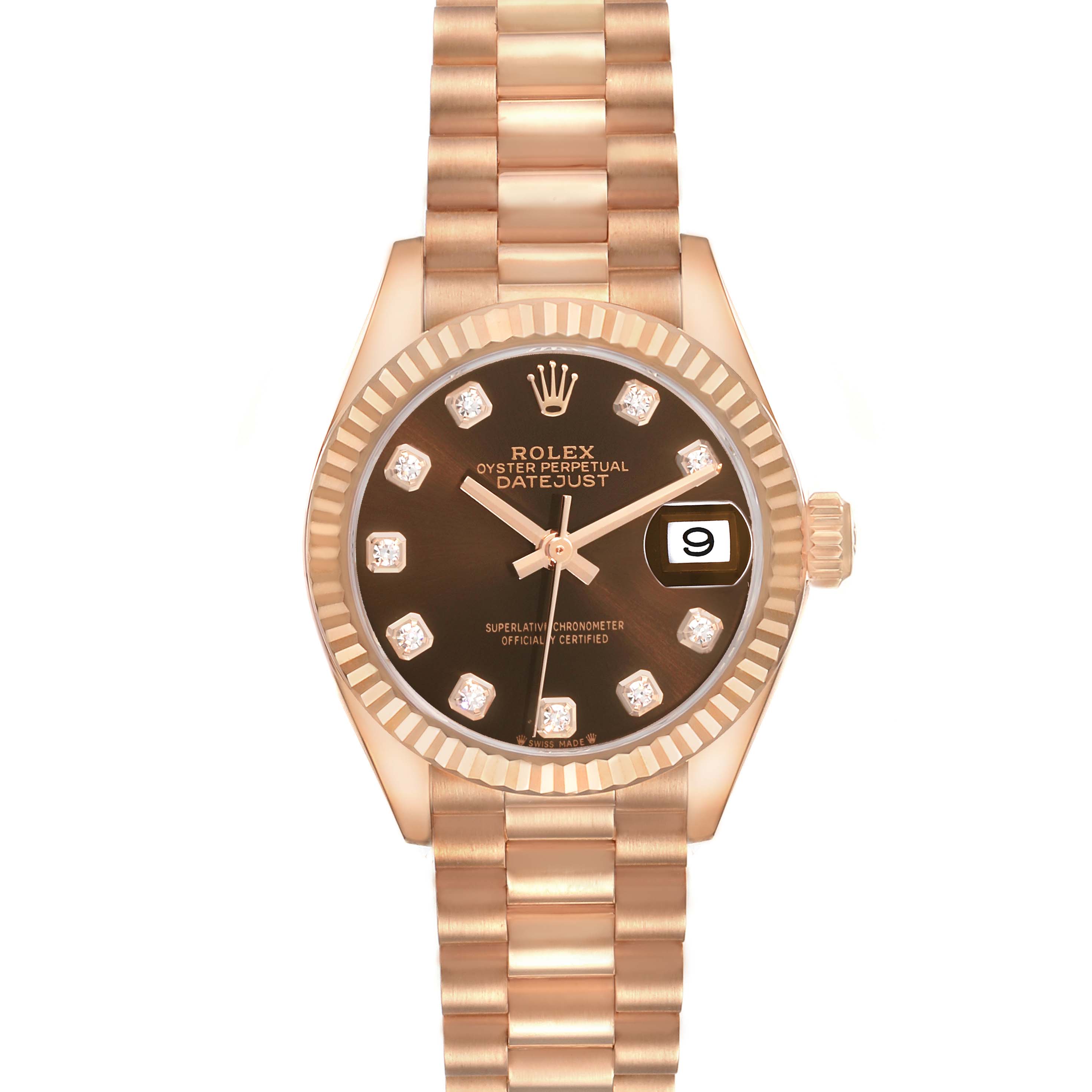 The Rolex President 279175 Women's Rose Gold Brown Dial model is shown from a front angle, featuring the dial, crown, and bracelet.