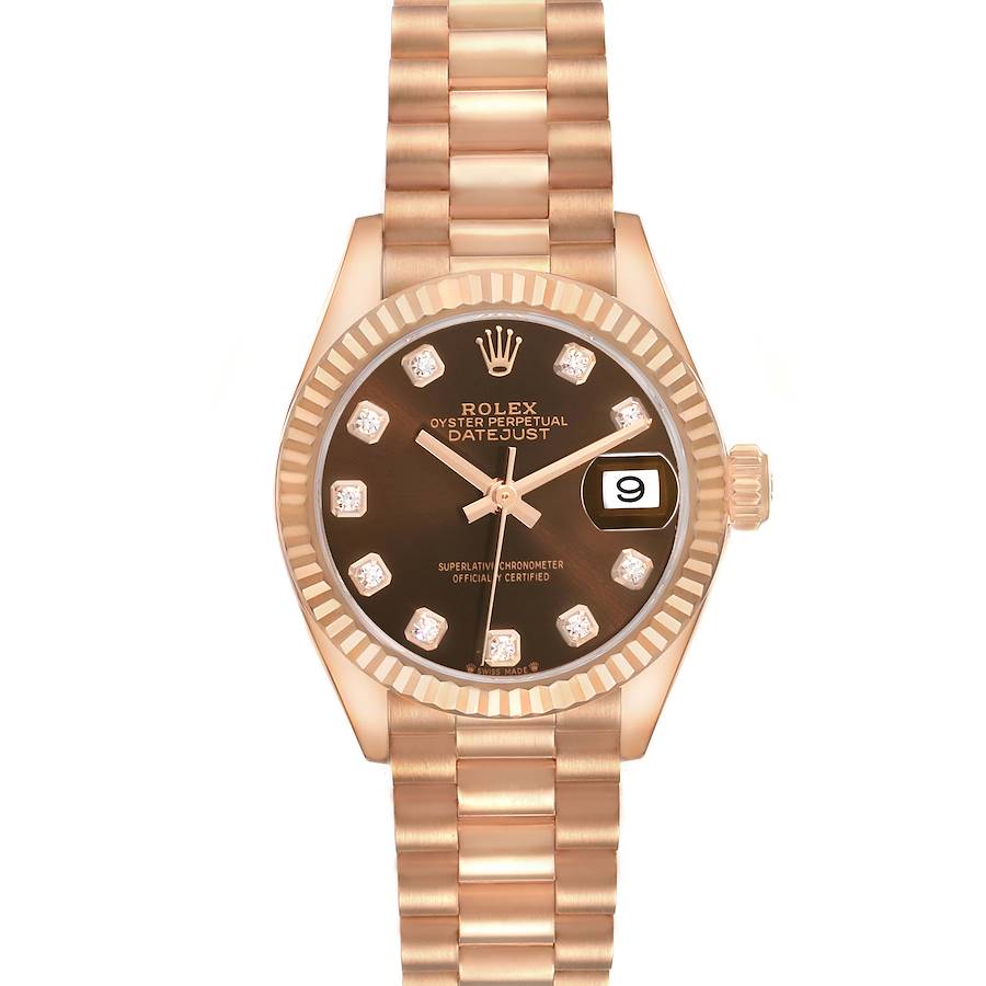 The Rolex President 279175 Women's Rose Gold Brown Dial model is shown from a front angle, featuring the dial, crown, and bracelet.
