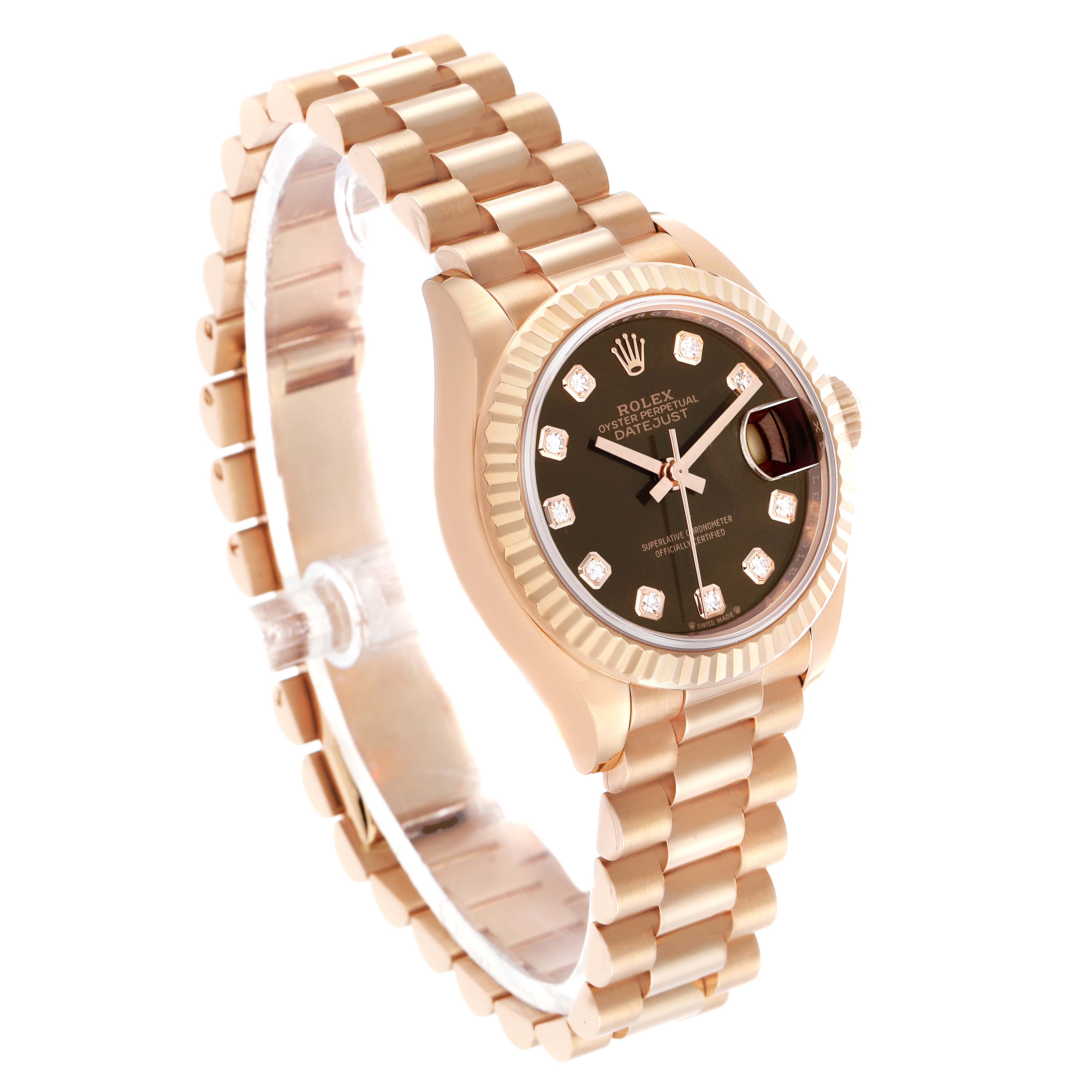 The Rolex President 279175 Women's Rose Gold Brown Dial model is shown at an angled view, highlighting the dial, fluted bezel, and the gold bracelet.