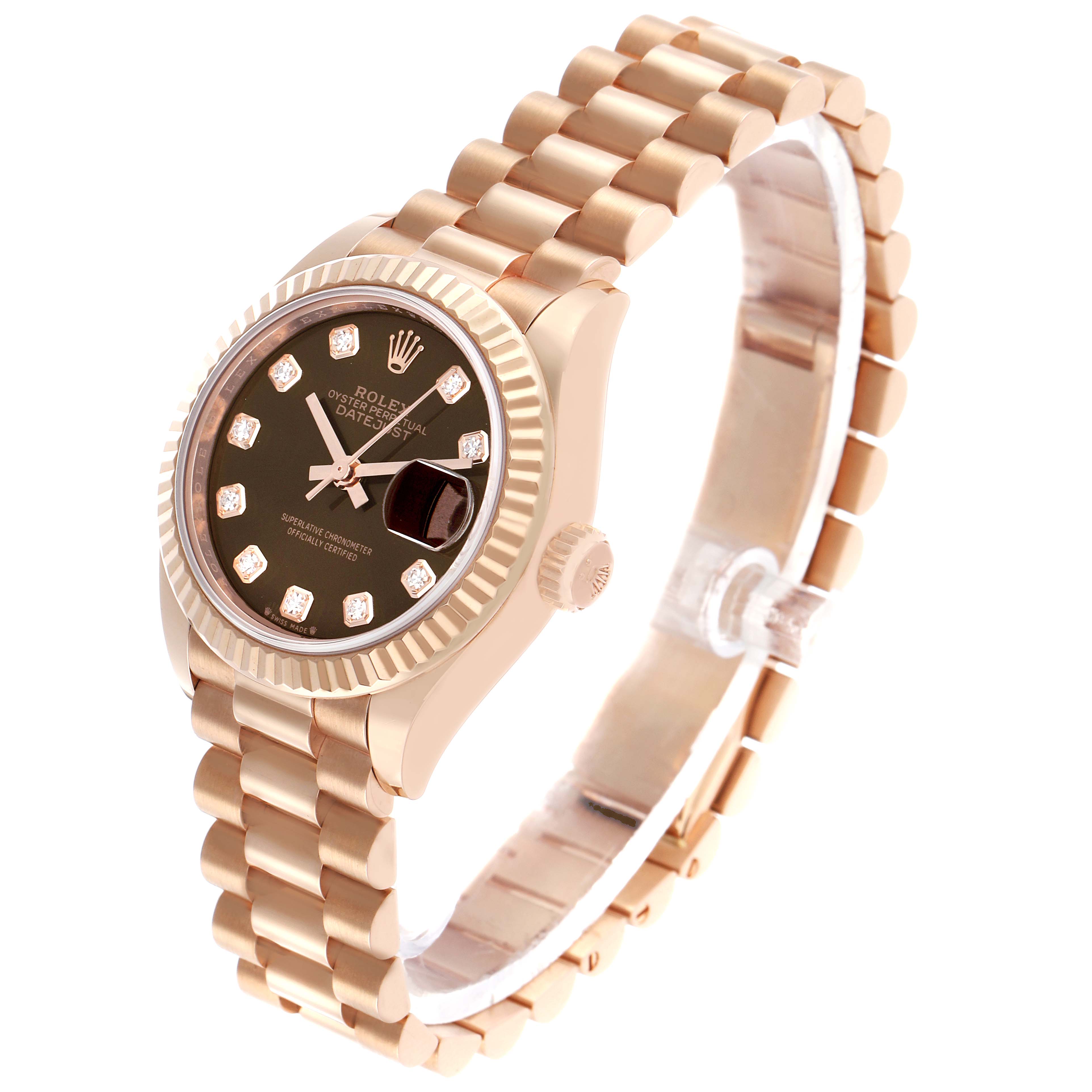 The Rolex President 279175 Women's Rose Gold Brown Dial model watch is shown from a three-quarter angle, highlighting the gold band, bezel, and diamond hour markers.