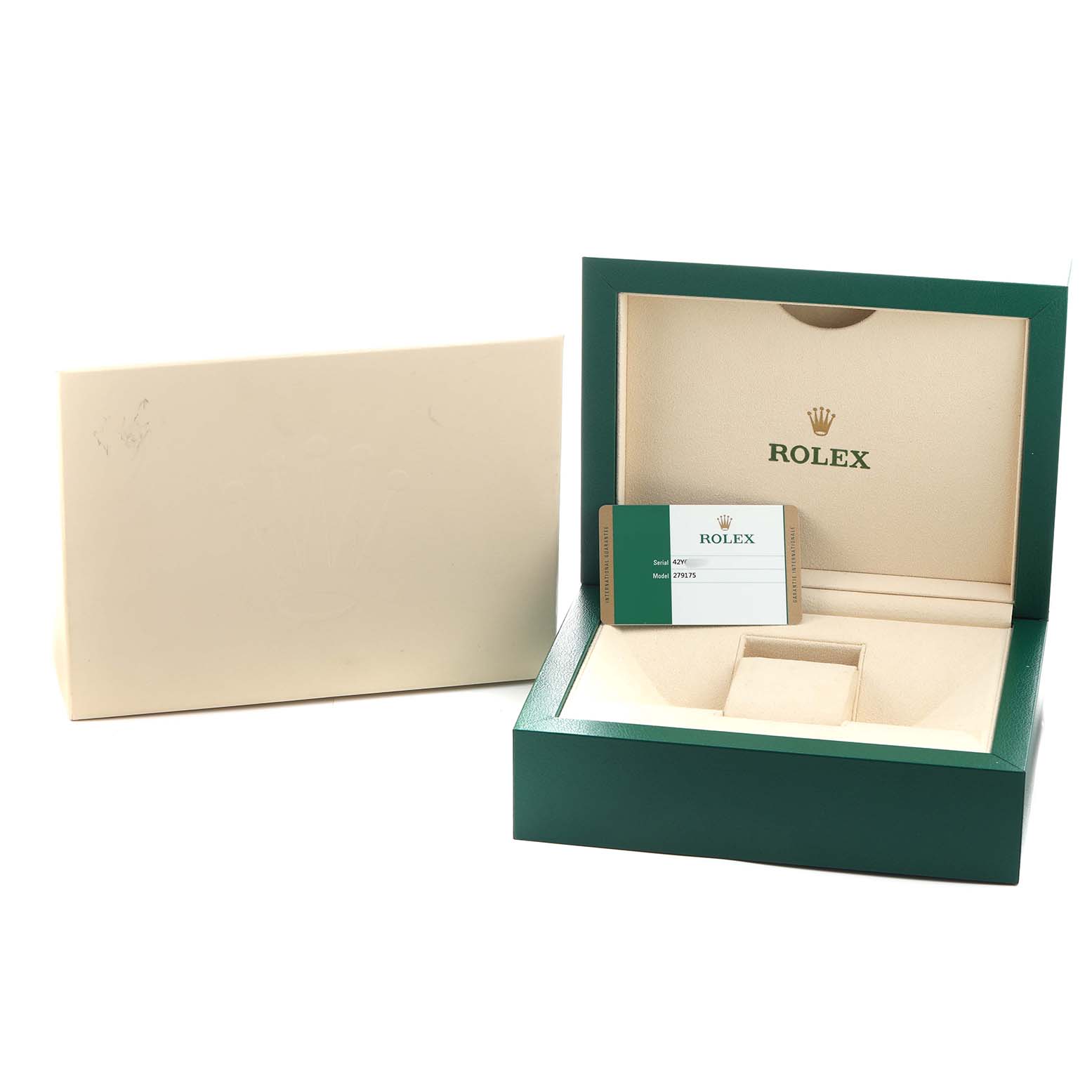 The image shows an open Rolex President 279175 Women's Rose Gold Brown Dial model watch box with a card inside, viewed from the front.