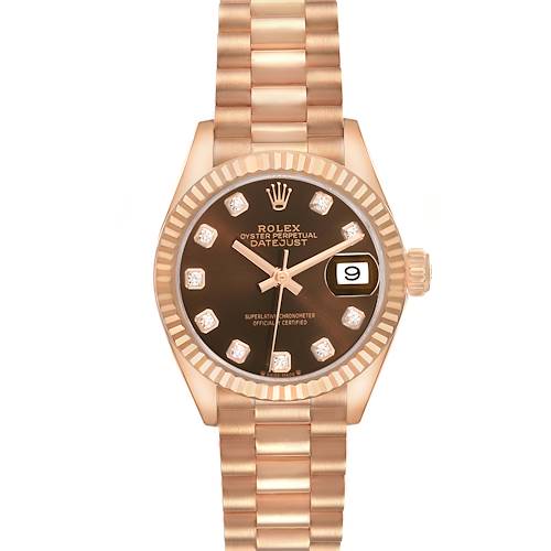 The Rolex President 279175 Women's Rose Gold Brown Dial model is shown from a top view, highlighting its dial, fluted bezel, bracelet, and date window.