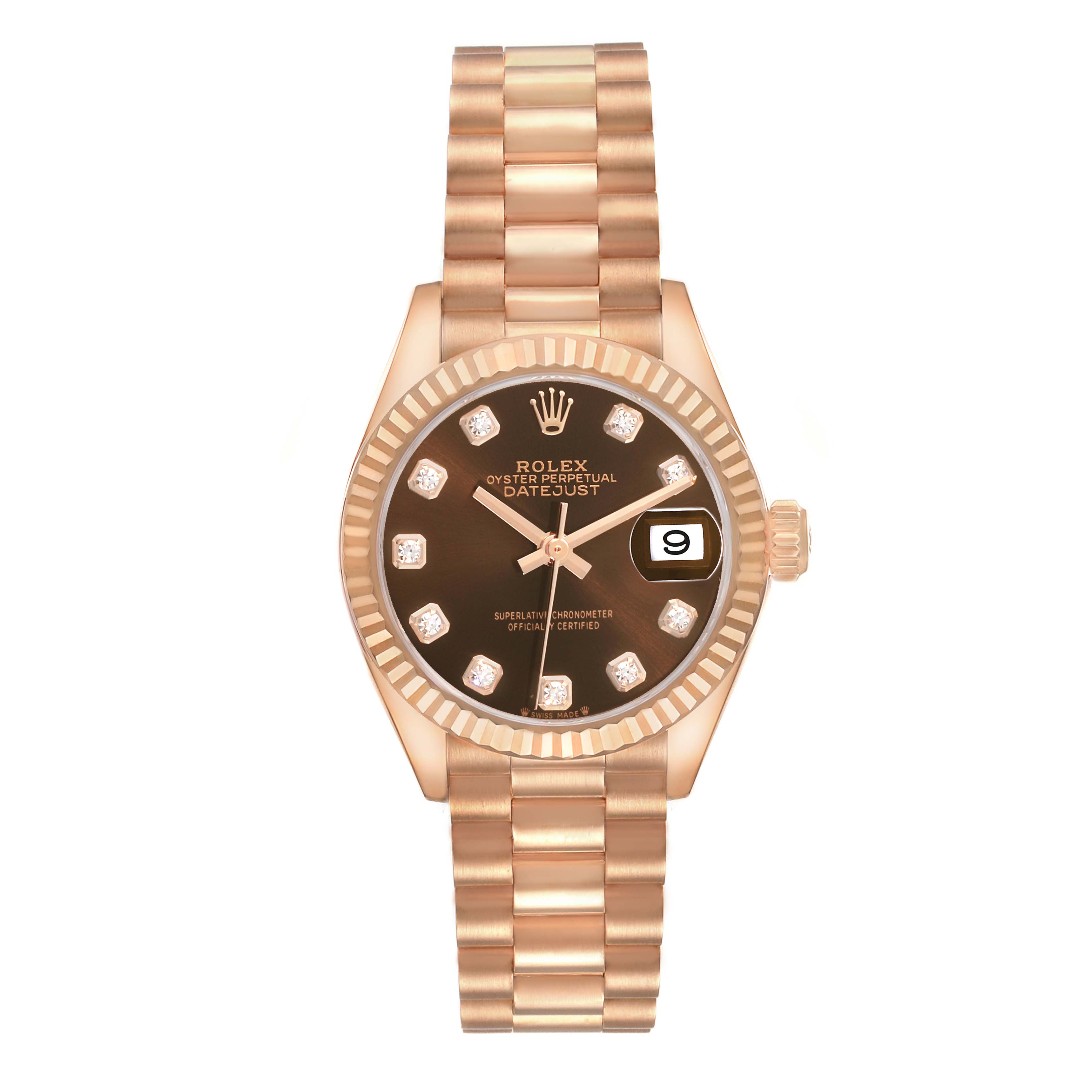 The Rolex President 279175 Women's Rose Gold Brown Dial model watch is shown from the front, displaying the face, bracelet, and date feature.