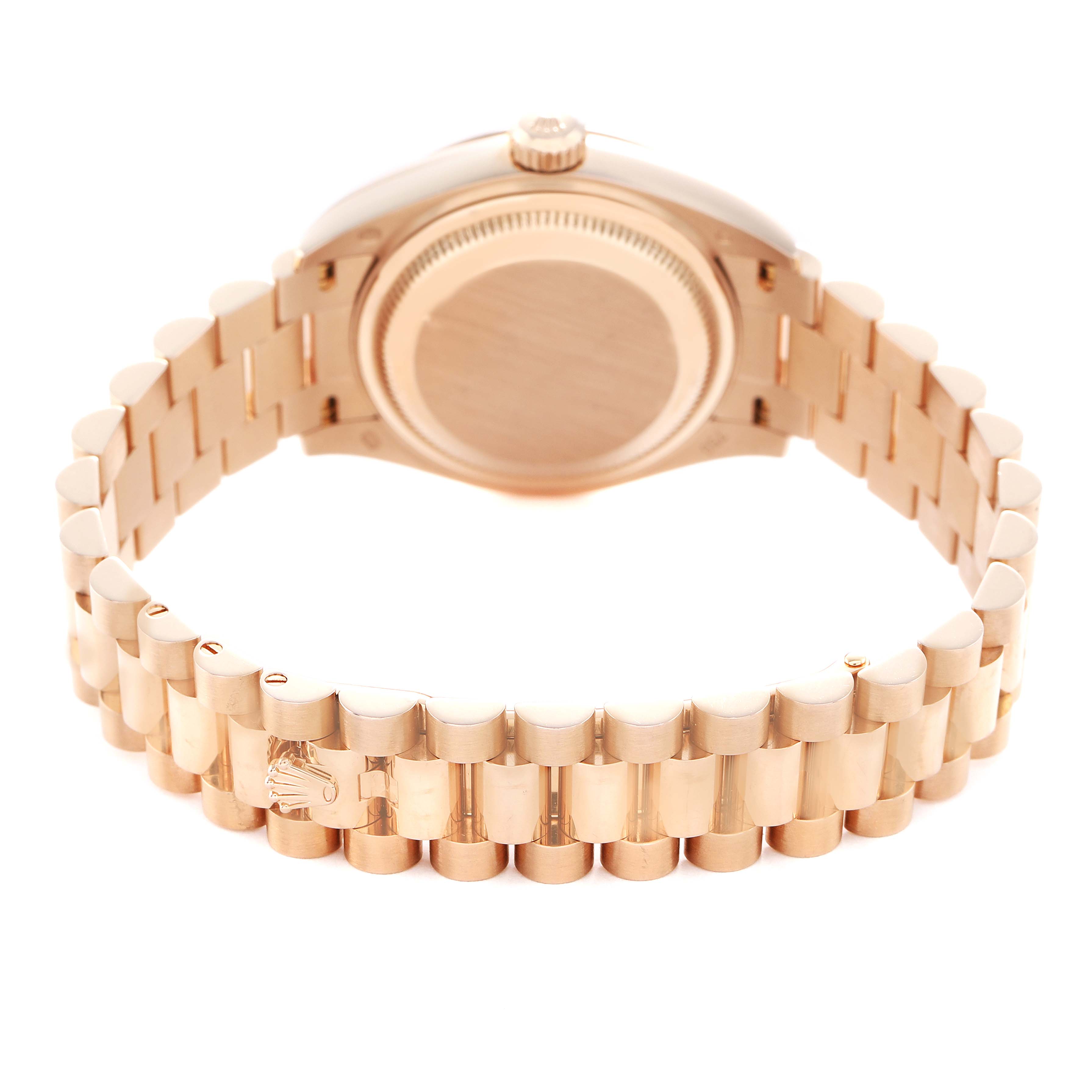 The image shows a rear view of the Rolex President 279175 Women's Rose Gold Brown Dial model, highlighting the case back and the gold bracelet with a clasp.