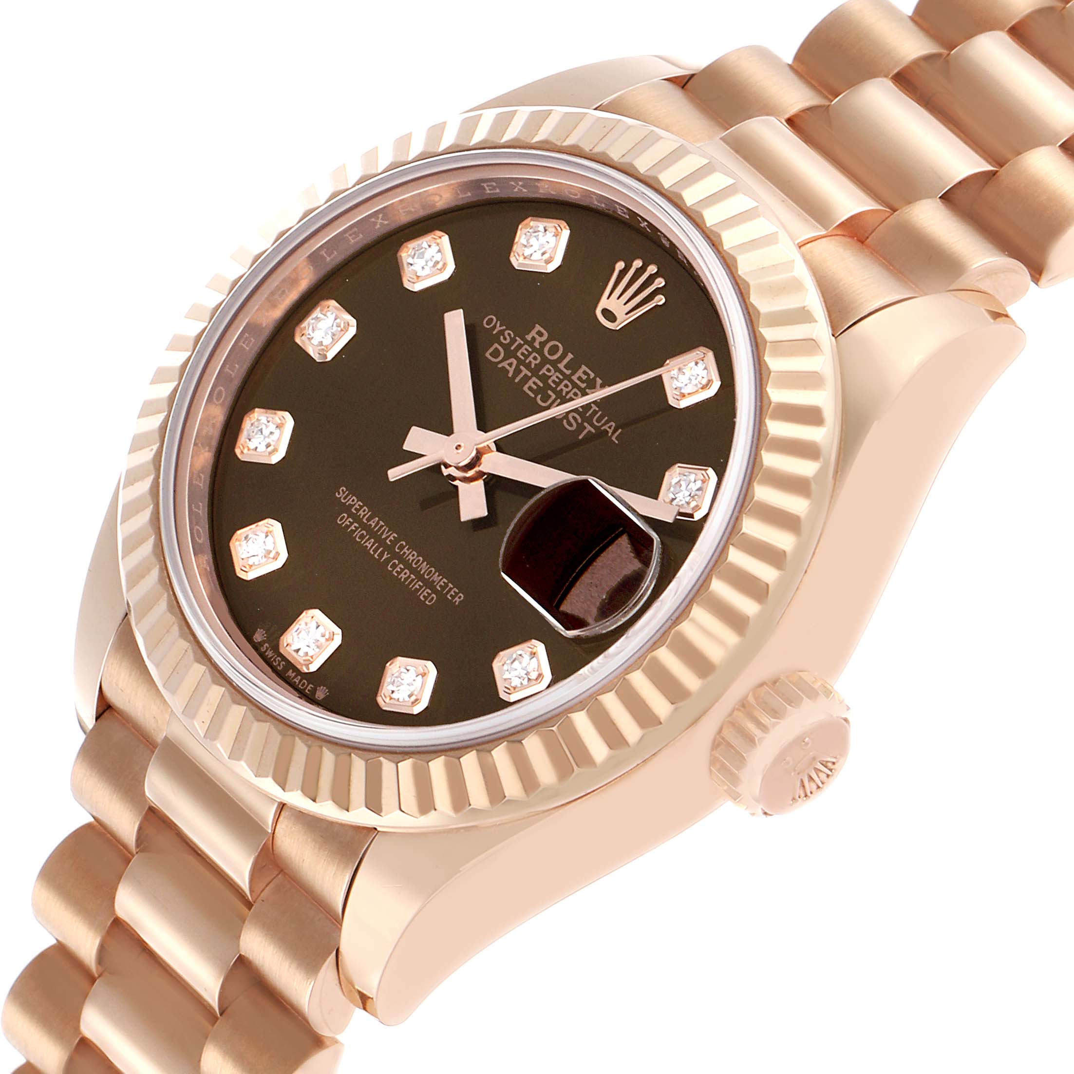 The Rolex President 279175 Women's Rose Gold Brown Dial model watch is shown at a slight angle, displaying its dial, fluted bezel, crown, and part of its bracelet.