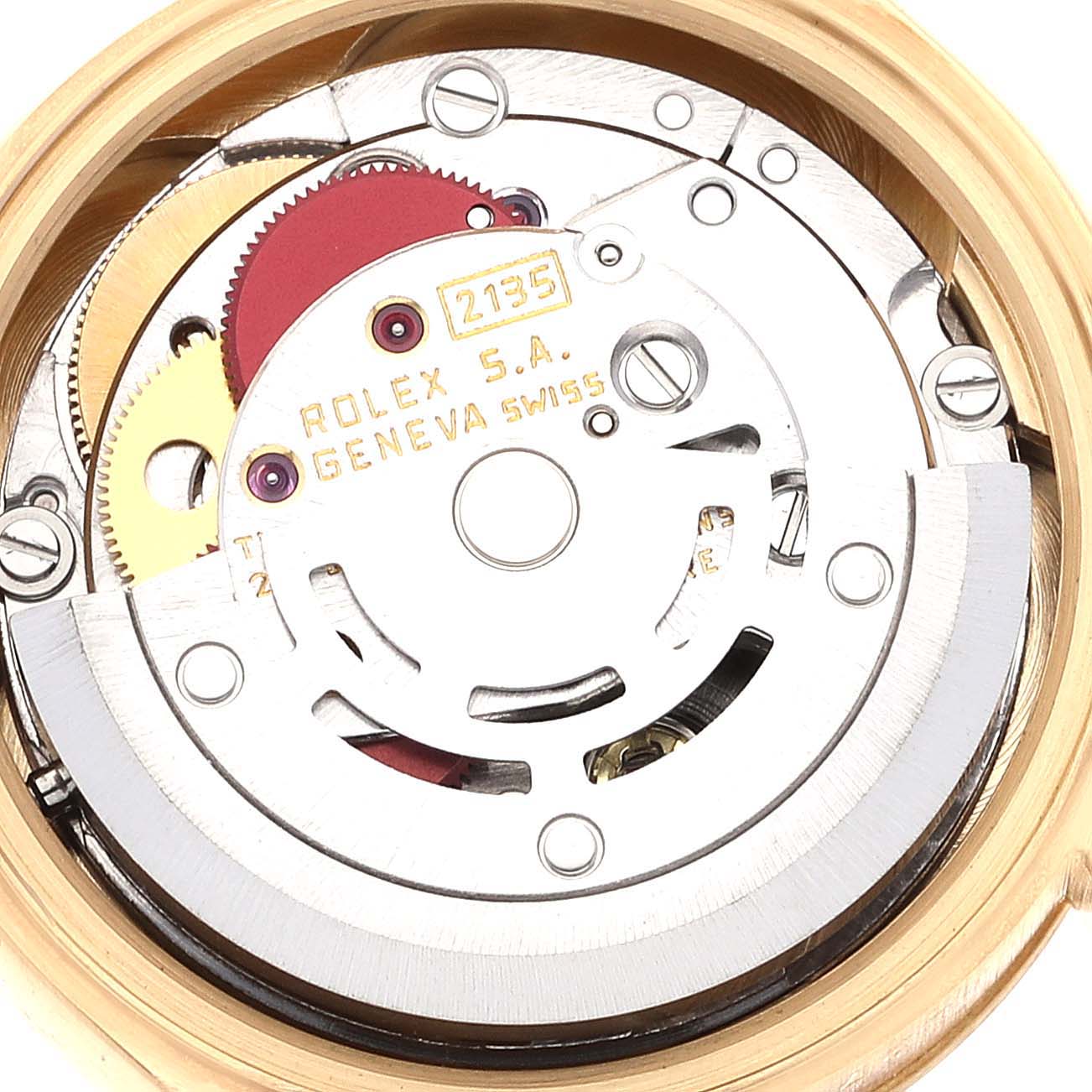 The image shows the internal mechanism and movement of a Rolex President 69178 Women's Yellow Gold Champagne Dial 69178 Women's Yellow Gold Champagne Dial model watch from a top-down angle.