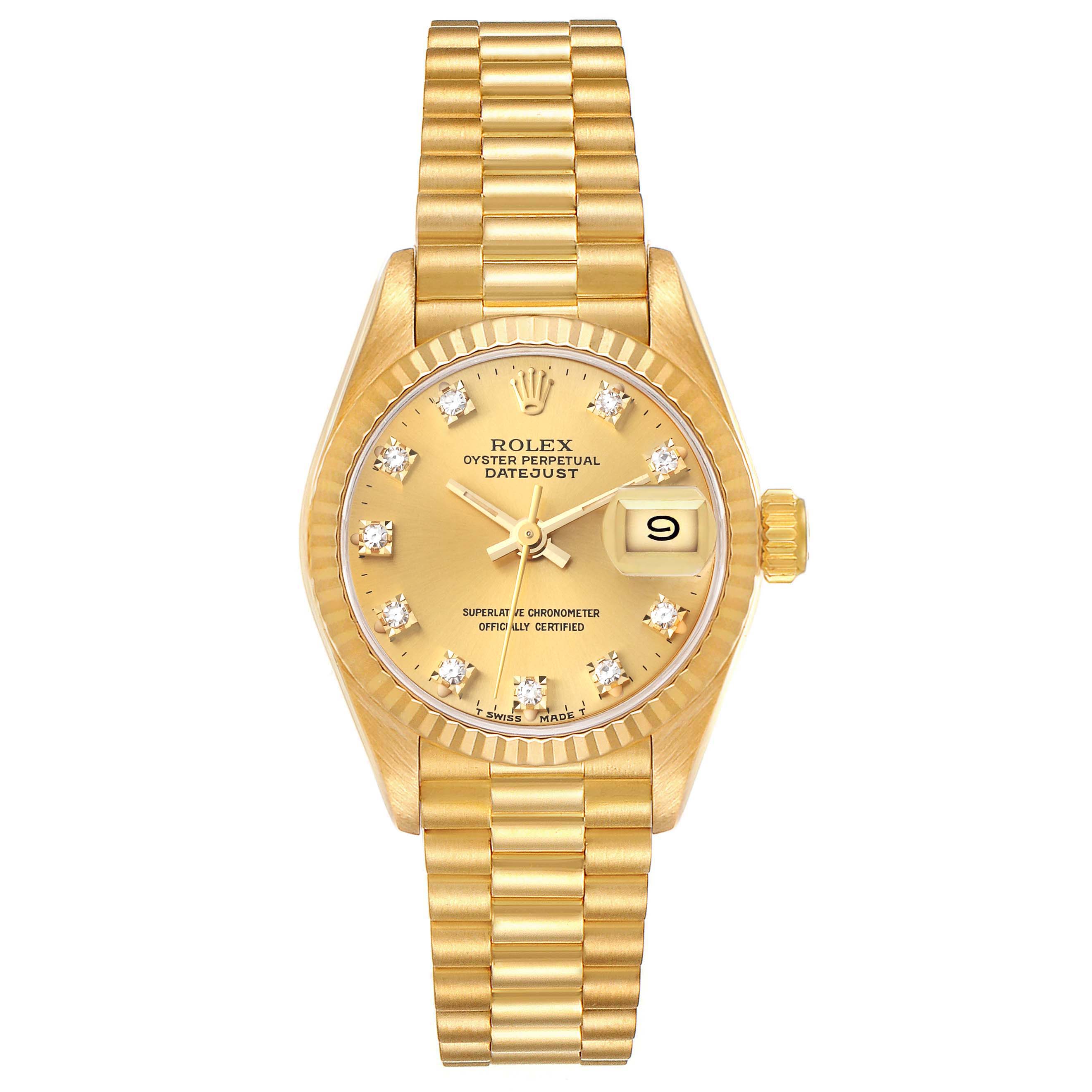 The image shows a front view of the Rolex President 69178 Women's Yellow Gold Champagne Dial 69178 Women's Yellow Gold Champagne Dial model watch, displaying the face, bezel, bracelet, hands, and date window.