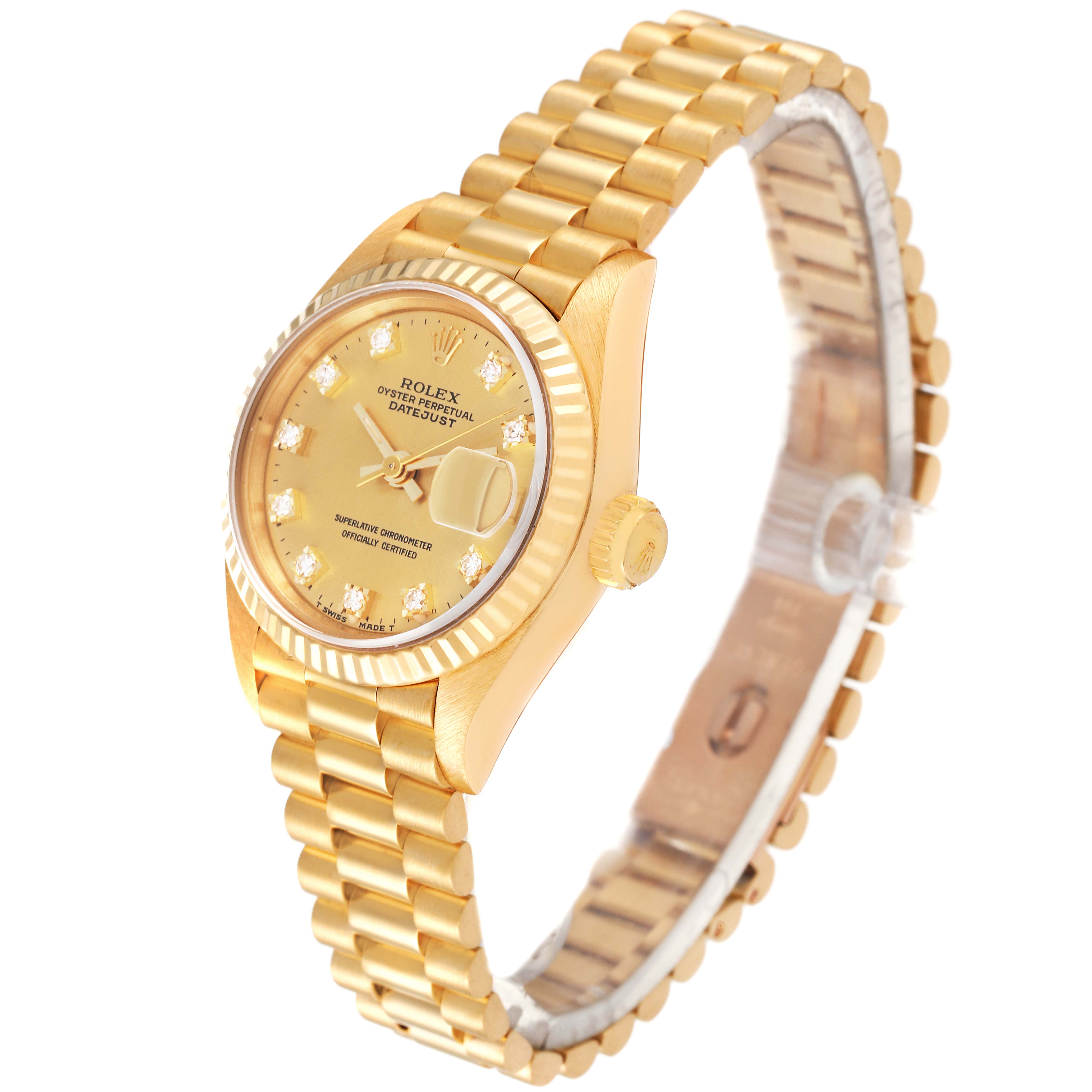 This image showcases the Rolex President 69178 Women's Yellow Gold Champagne Dial 69178 Women's Yellow Gold Champagne Dial model watch at a three-quarter angle highlighting the bracelet, case, and dial.