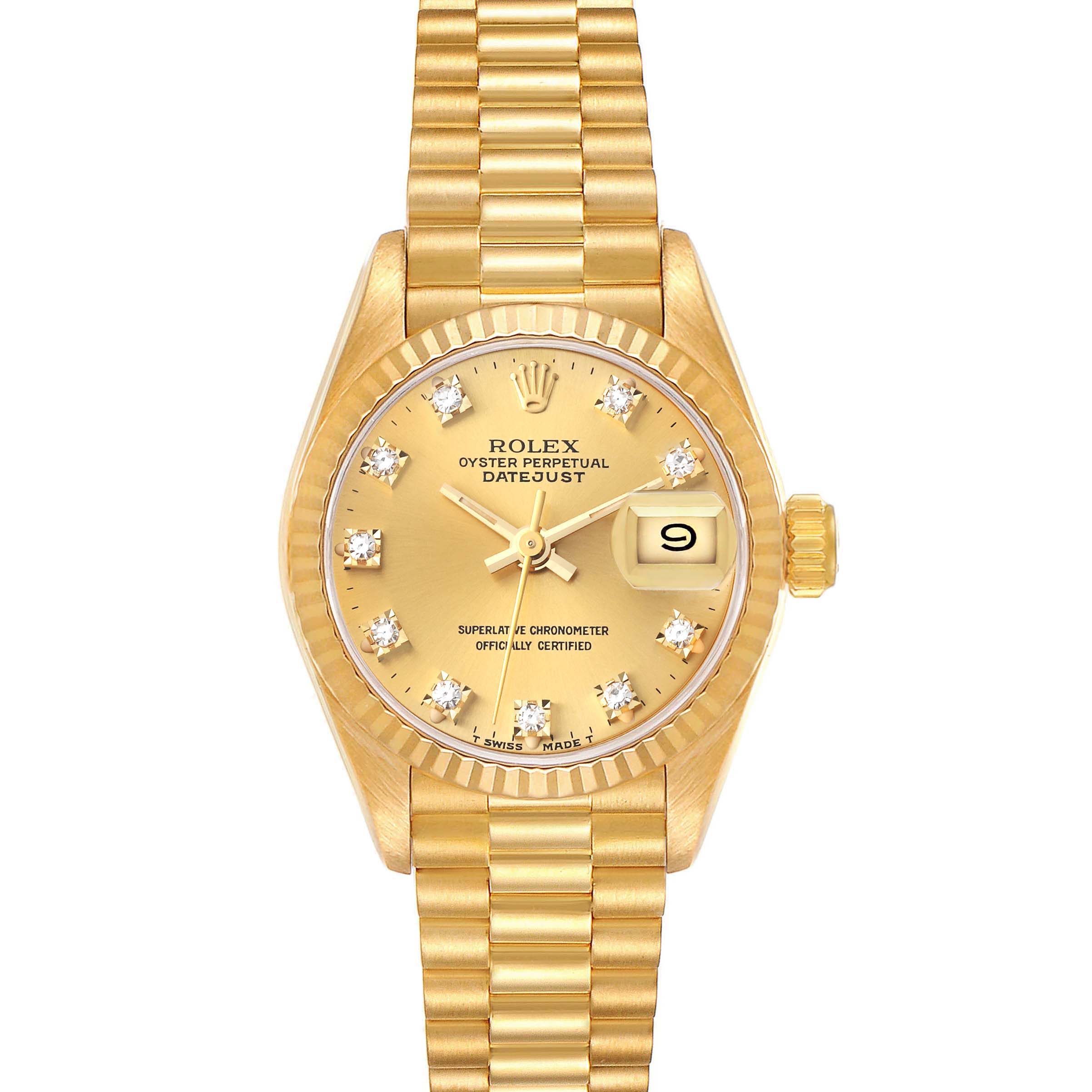 The image shows a front view of a Rolex President 69178 Women's Yellow Gold Champagne Dial 69178 Women's Yellow Gold Champagne Dial model watch, displaying the dial, bezel, bracelet, and date window.