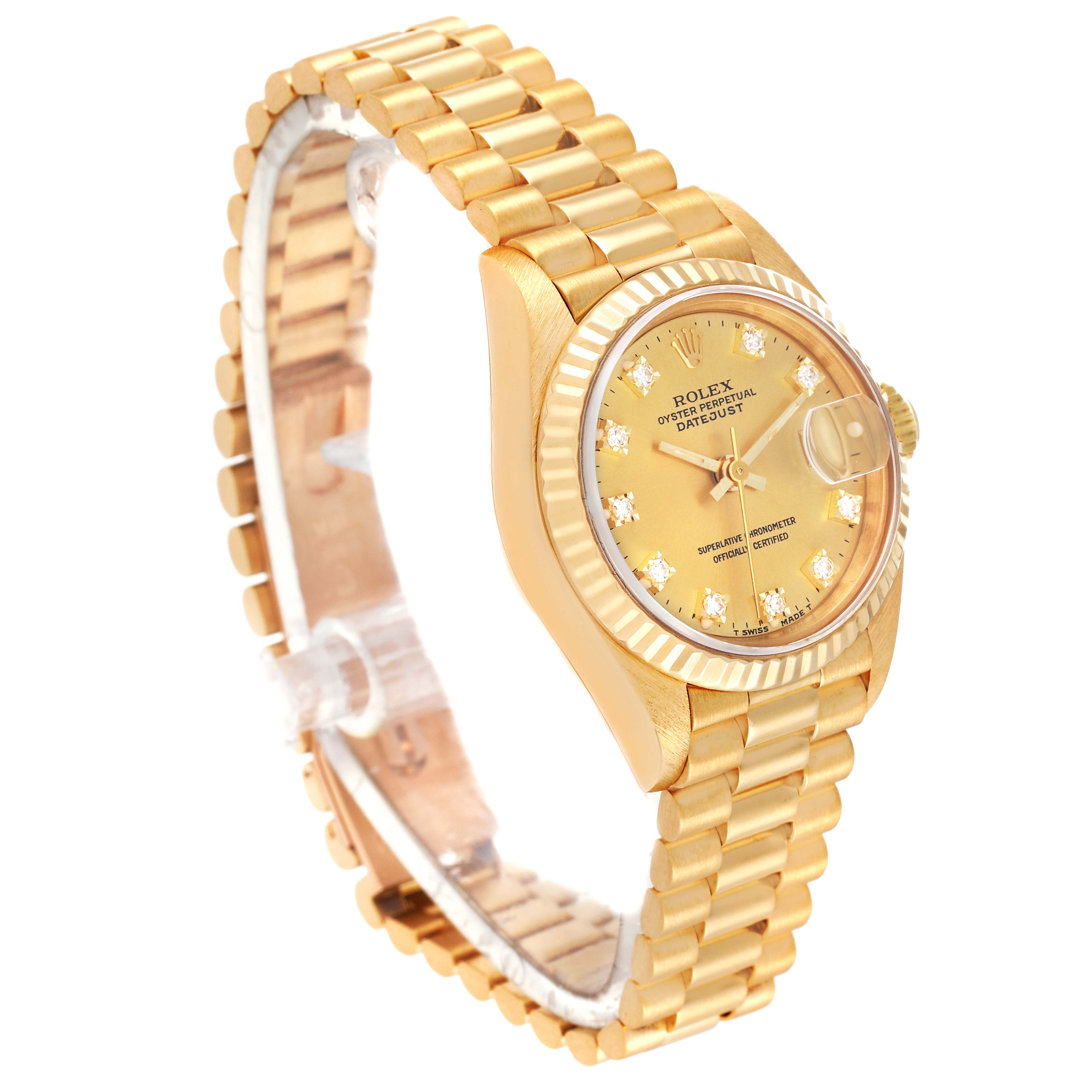 The image shows a Rolex President 69178 Women's Yellow Gold Champagne Dial 69178 Women's Yellow Gold Champagne Dial model watch at a 3/4 angle, highlighting the gold bracelet, dial, and case.