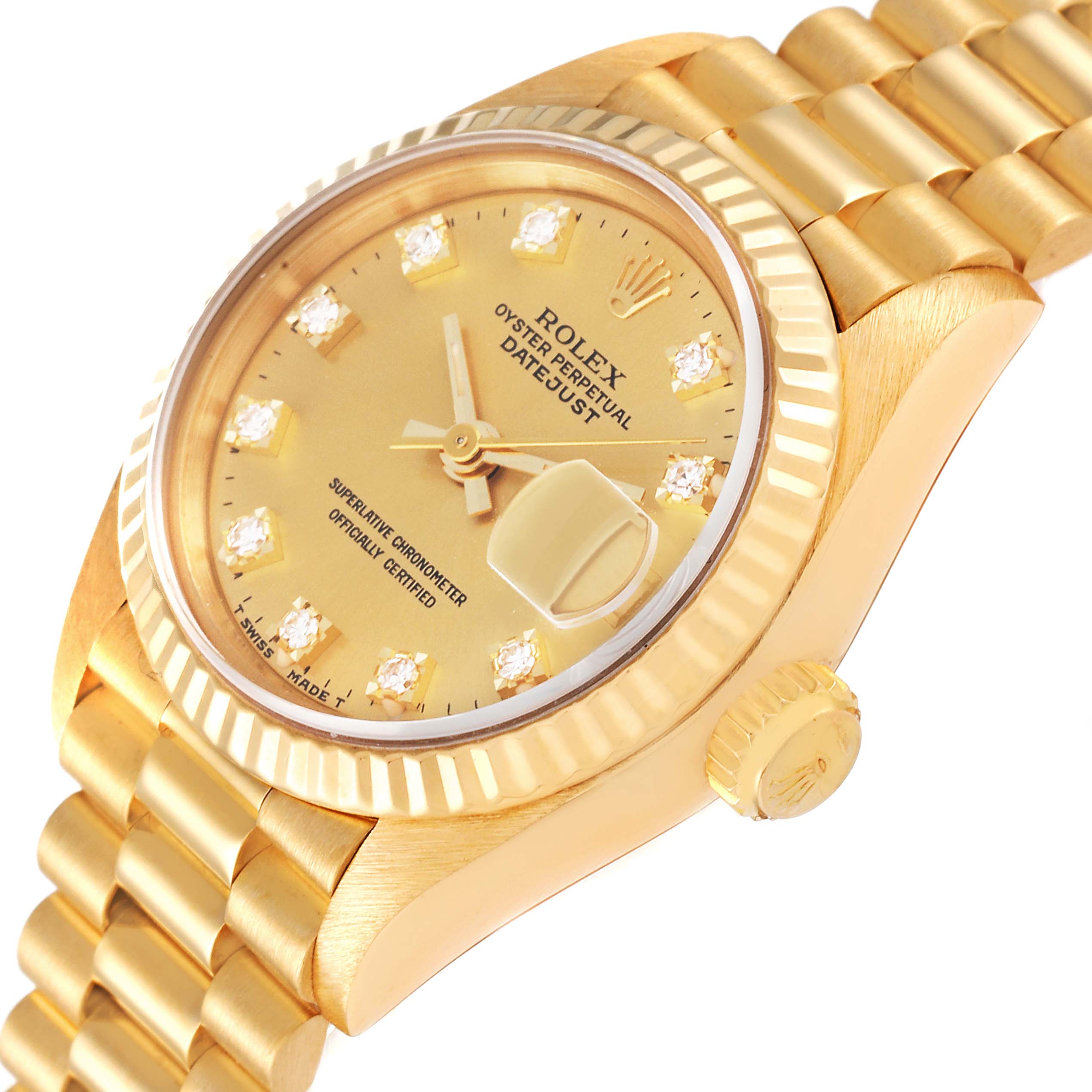 The image shows a gold Rolex President 69178 Women's Yellow Gold Champagne Dial 69178 Women's Yellow Gold Champagne Dial model watch, featuring its face, bezel, crown, and part of the bracelet, at a slight angle.