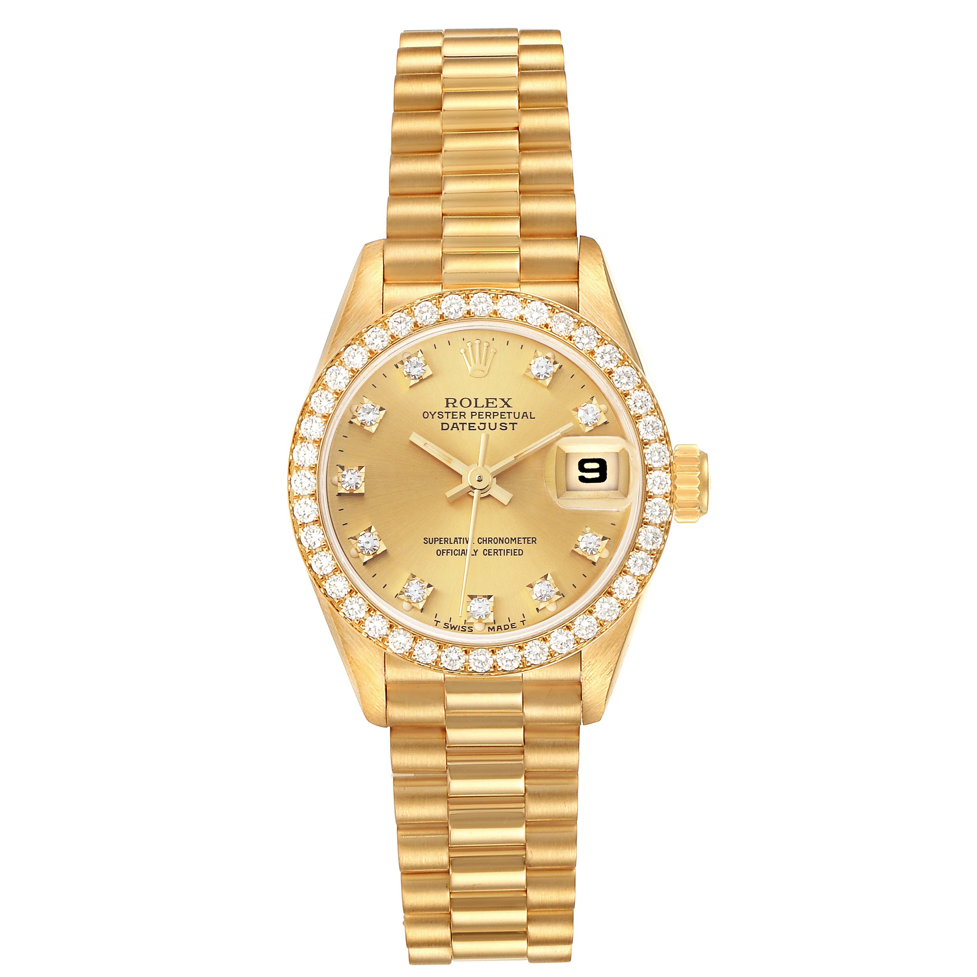 This image shows a frontal view of the Rolex President 69138 Women
s Yellow Gold Champagne Dial 69138 Women
s Yellow Gold Champagne Dial model watch, displaying its gold bezel, dial, date window, and bracelet.