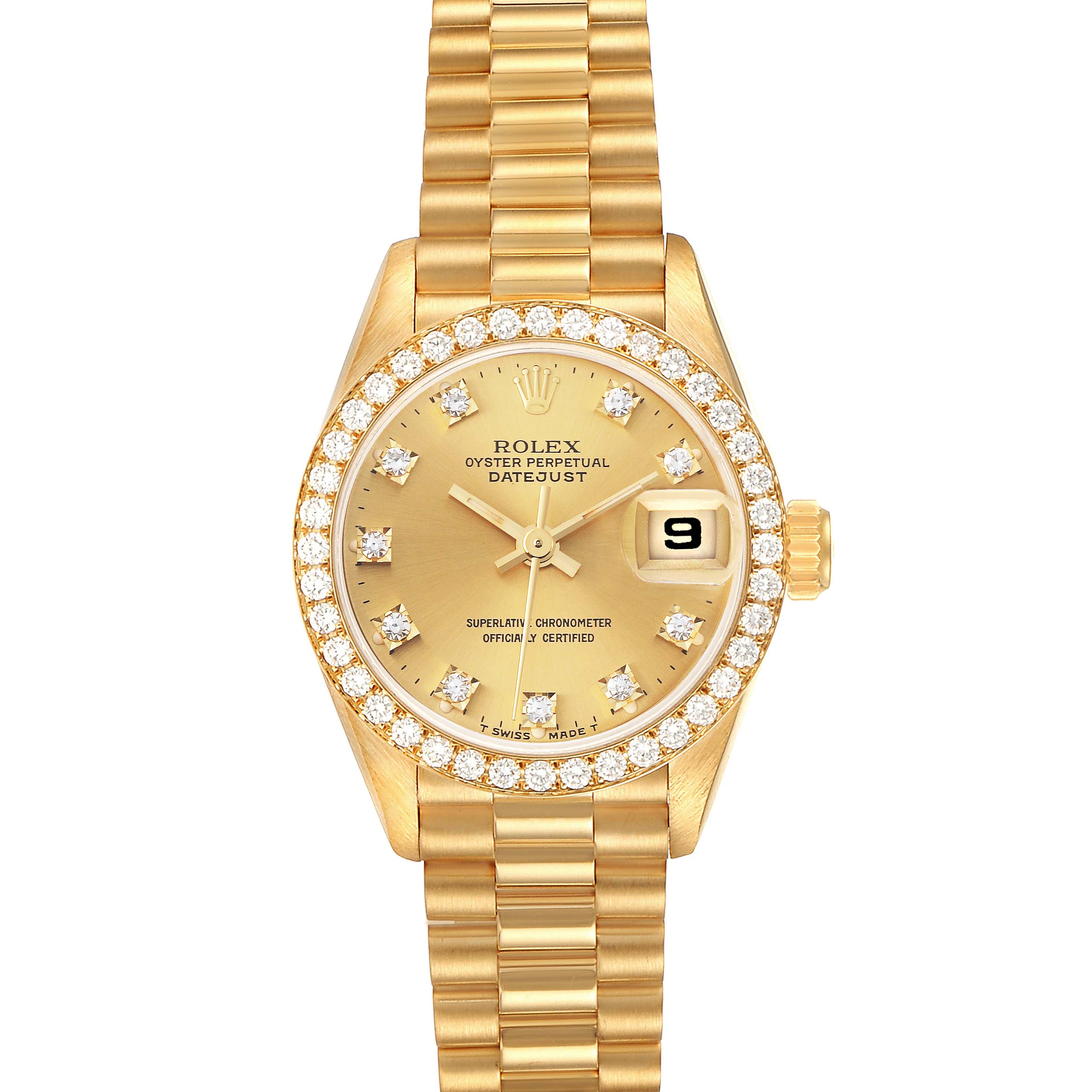 The Rolex President 69138 Women
s Yellow Gold Champagne Dial 69138 Women
s Yellow Gold Champagne Dial model watch is shown from the front, displaying its face, bezel, and part of its band.