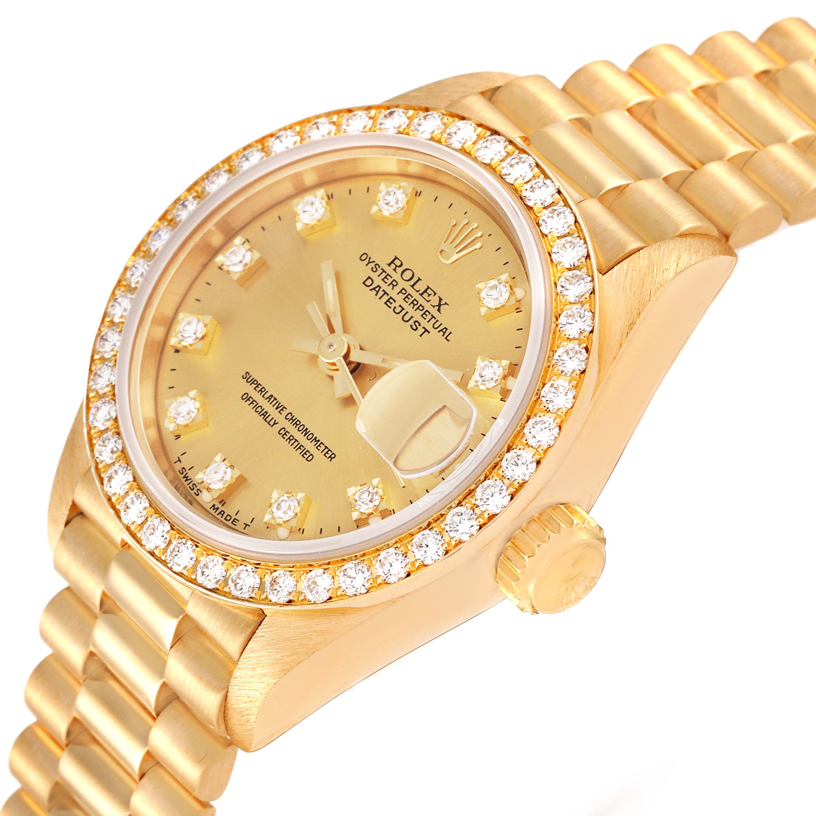 The image shows a Rolex President 69138 Women
s Yellow Gold Champagne Dial 69138 Women
s Yellow Gold Champagne Dial model watch, featuring its diamond-encrusted bezel, dial, and part of its gold bracelet.