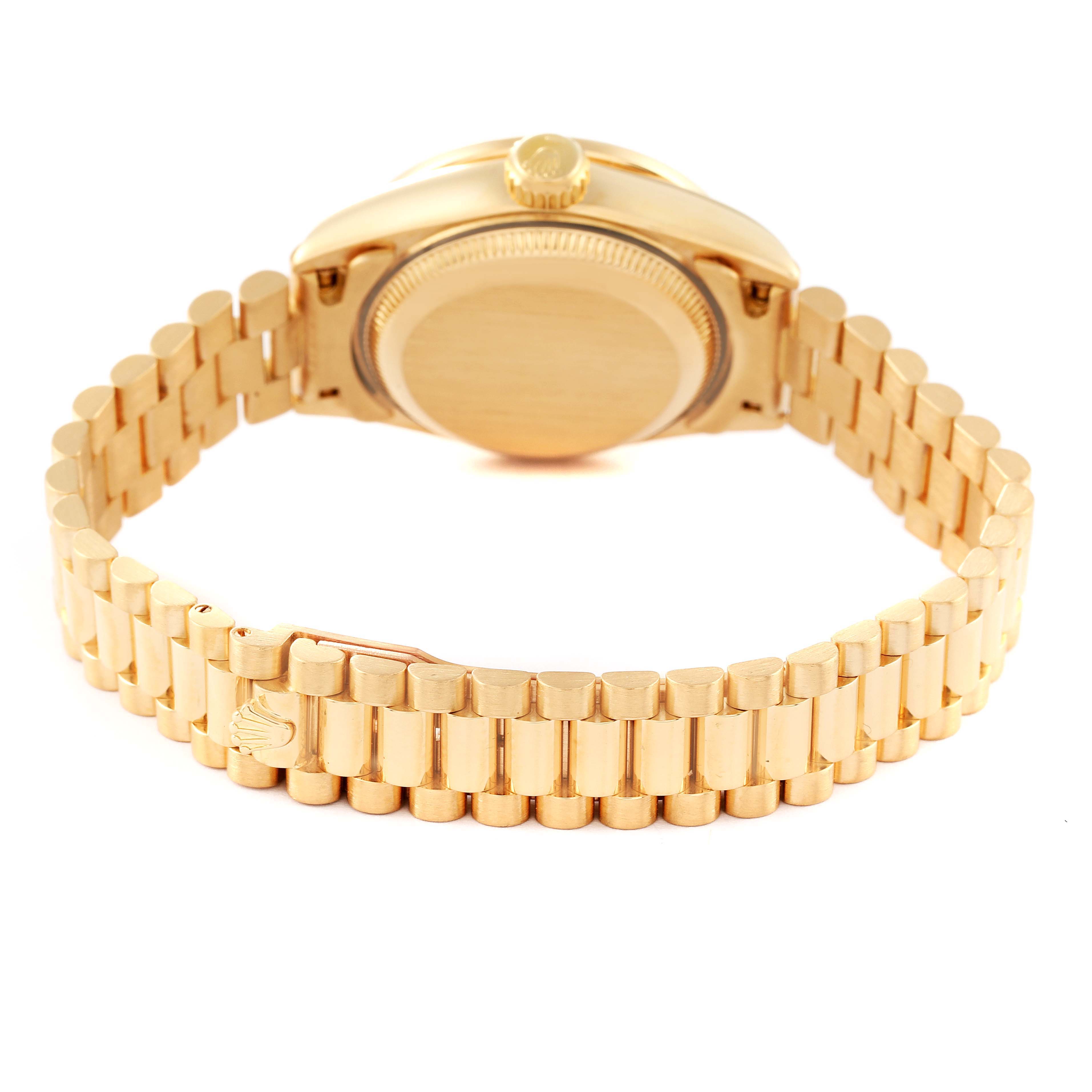 This image shows the back view of a Rolex President 69138 Women
s Yellow Gold Champagne Dial 69138 Women
s Yellow Gold Champagne Dial model watch, highlighting its gold case and bracelet.