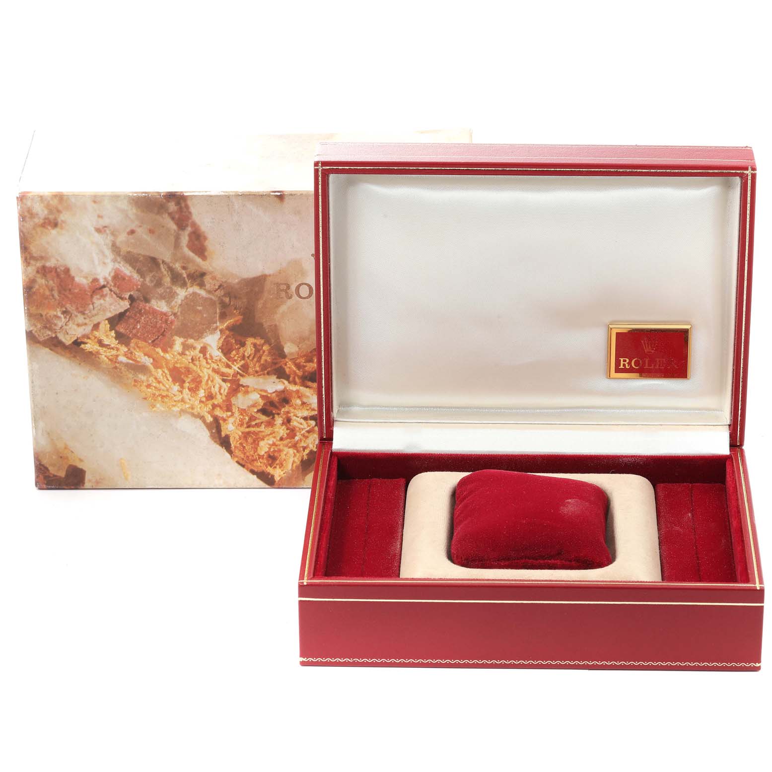 This image shows the open presentation box and outer box of a Rolex President 69138 Women
s Yellow Gold Champagne Dial 69138 Women
s Yellow Gold Champagne Dial model watch from a front angle.