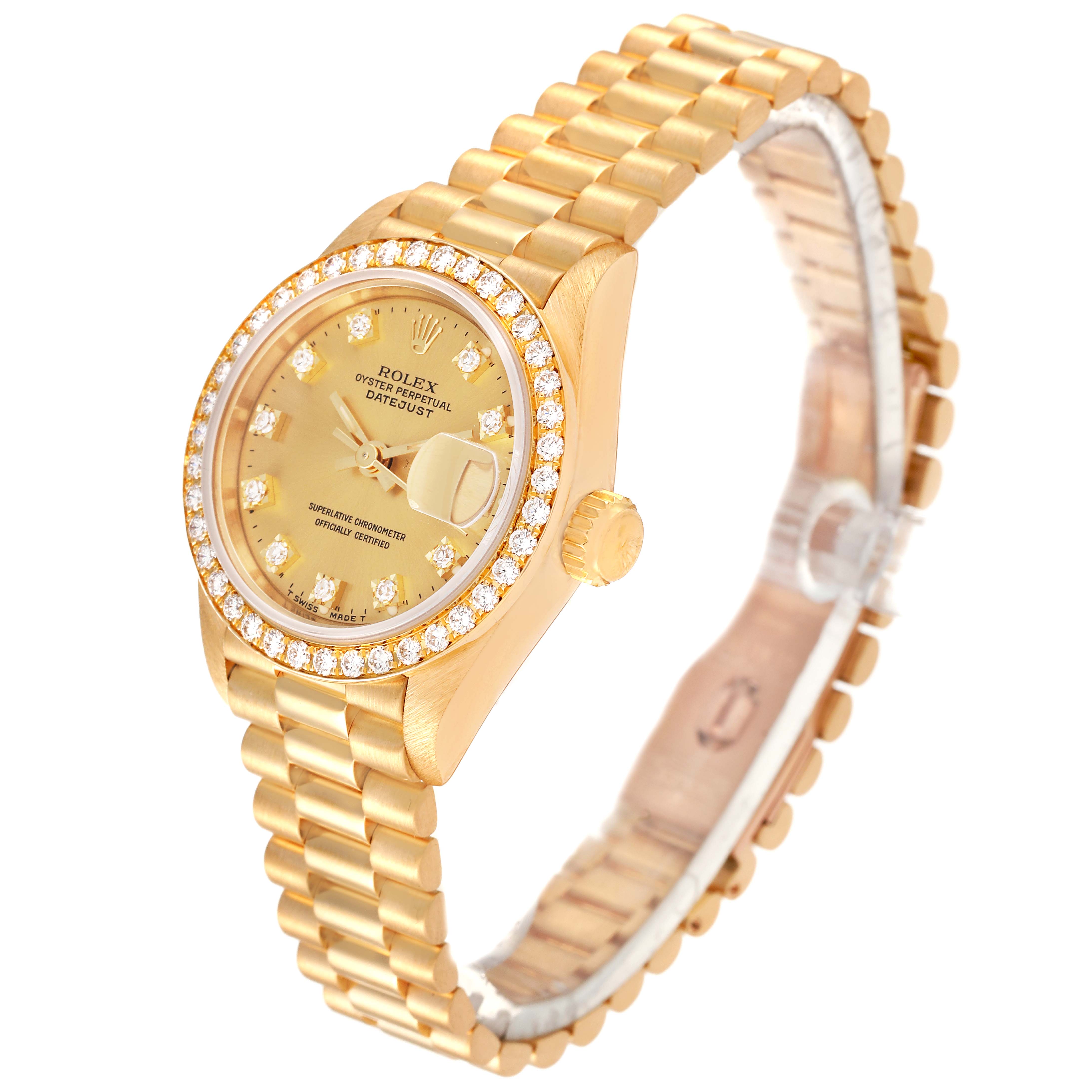 This image shows a Rolex President 69138 Women
s Yellow Gold Champagne Dial 69138 Women
s Yellow Gold Champagne Dial model from a high-angle, displaying the dial, bezel, crown, and bracelet.