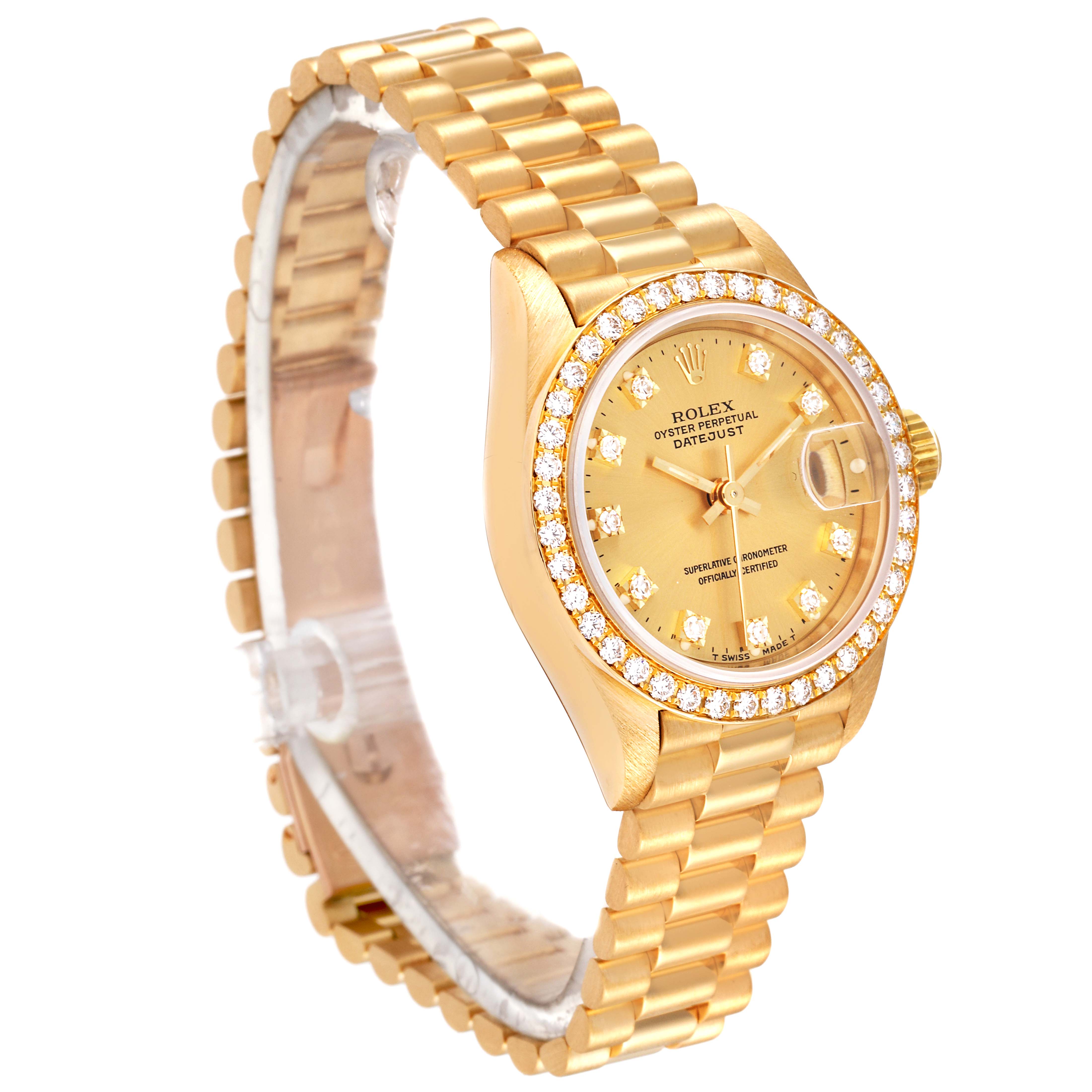 This image shows the Rolex President 69138 Women
s Yellow Gold Champagne Dial 69138 Women
s Yellow Gold Champagne Dial model watch at a three-quarter angle, highlighting its golden bracelet, case, and diamond-encrusted bezel.