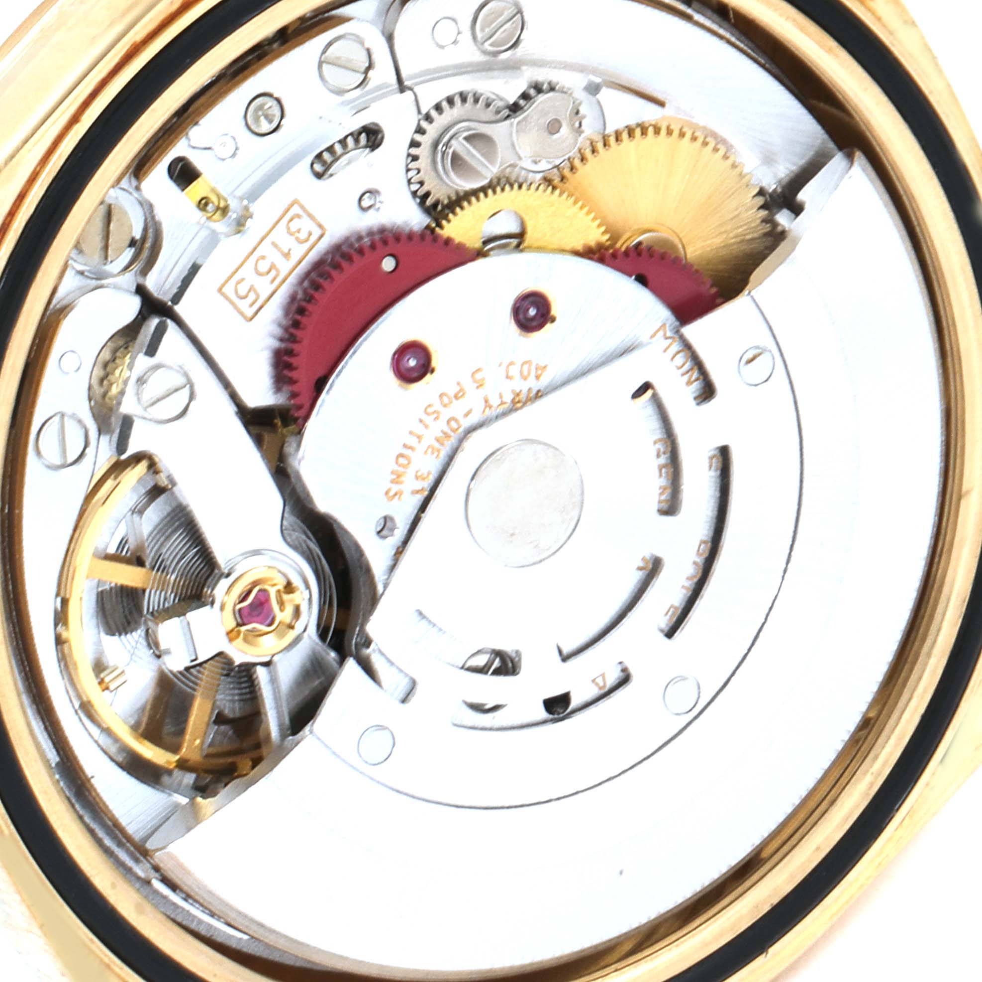 This is an image showing the internal movement and mechanical parts of a Rolex President 18238 Men's Yellow Gold Black Dial 18238 Men's Yellow Gold Black Dial model watch.