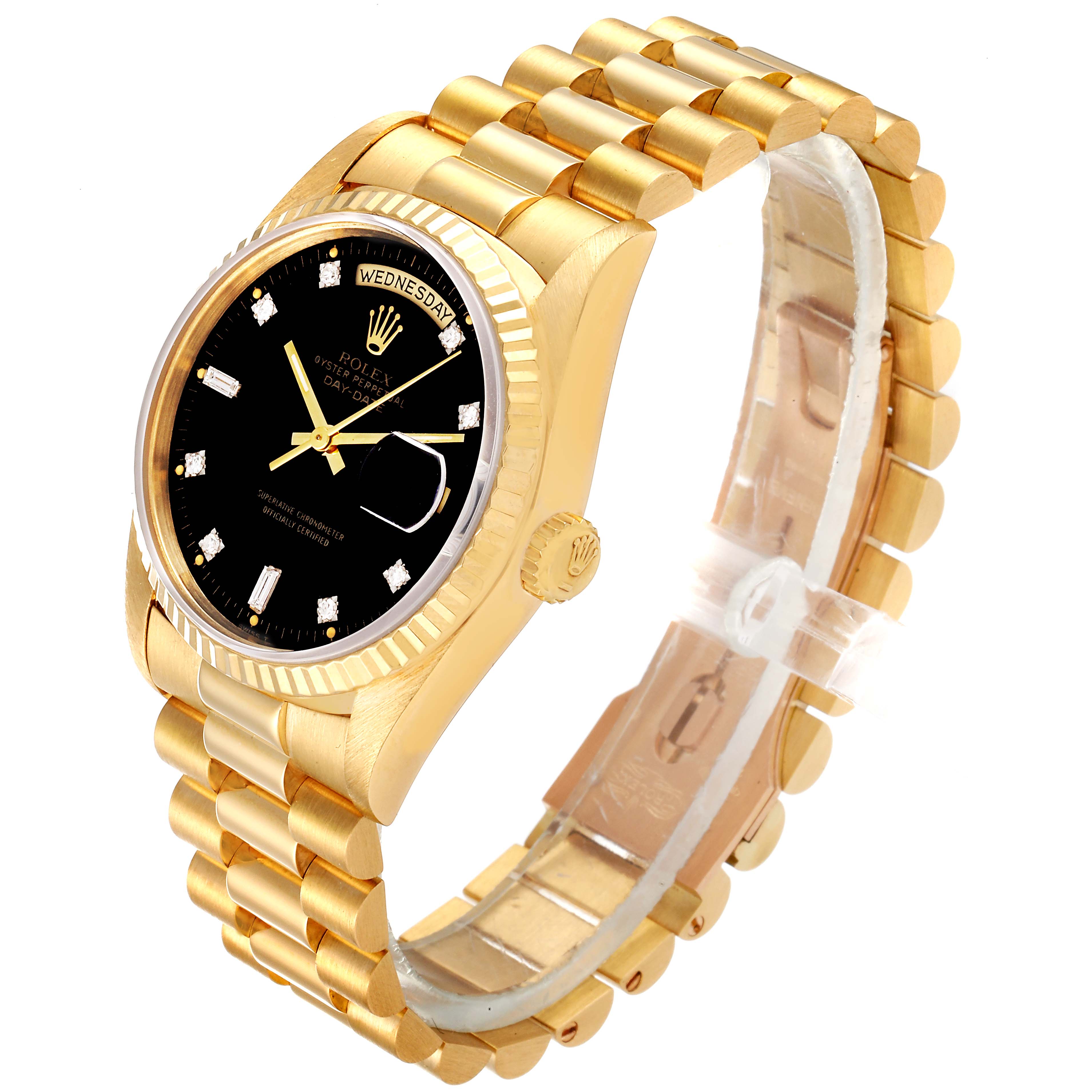 The Rolex President 18238 Men's Yellow Gold Black Dial 18238 Men's Yellow Gold Black Dial model watch is angled to show the gold bracelet, black dial, fluted bezel, and side crown.