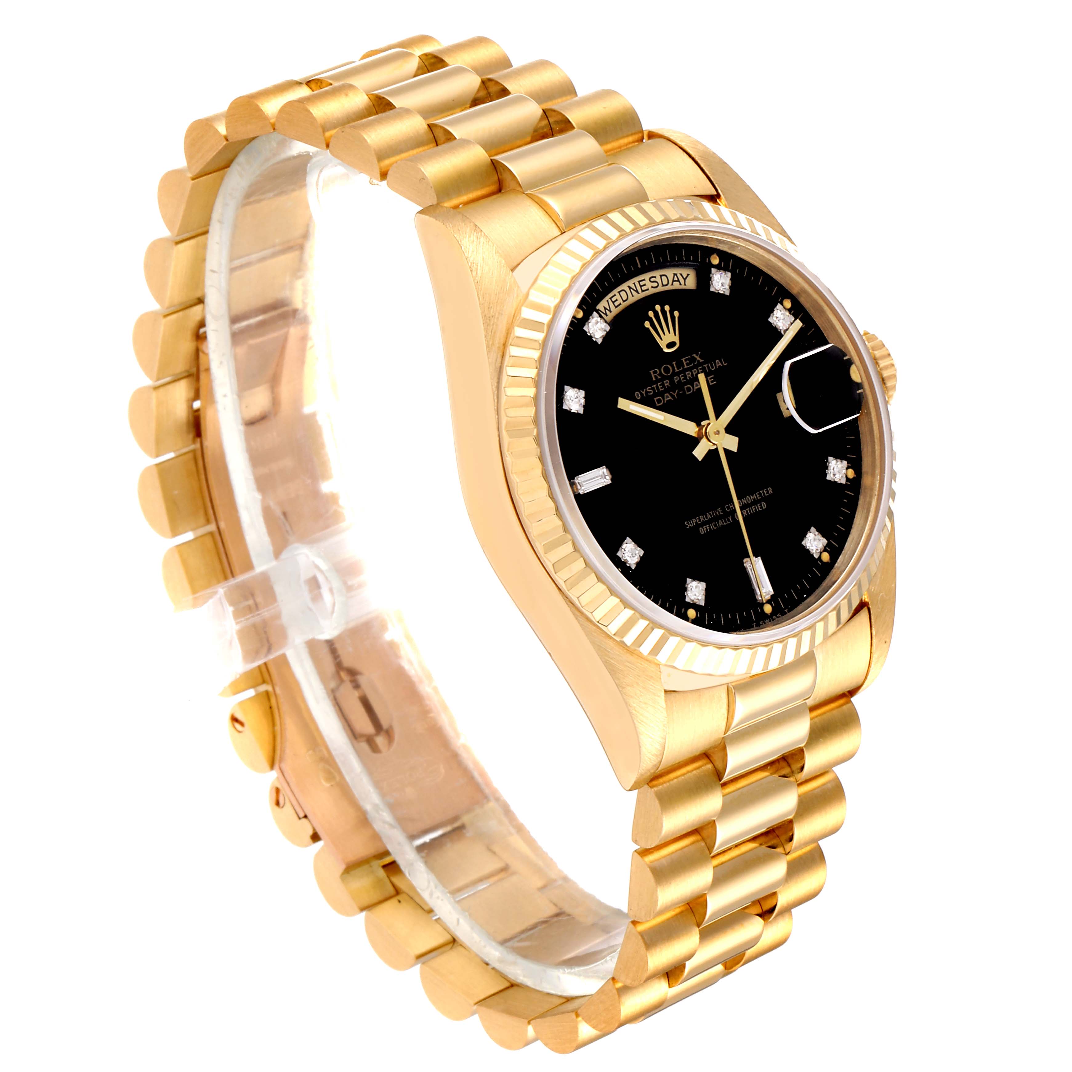This Rolex President 18238 Men's Yellow Gold Black Dial 18238 Men's Yellow Gold Black Dial model watch is shown at a three-quarter angle, displaying its gold bracelet, black dial, and fluted bezel.