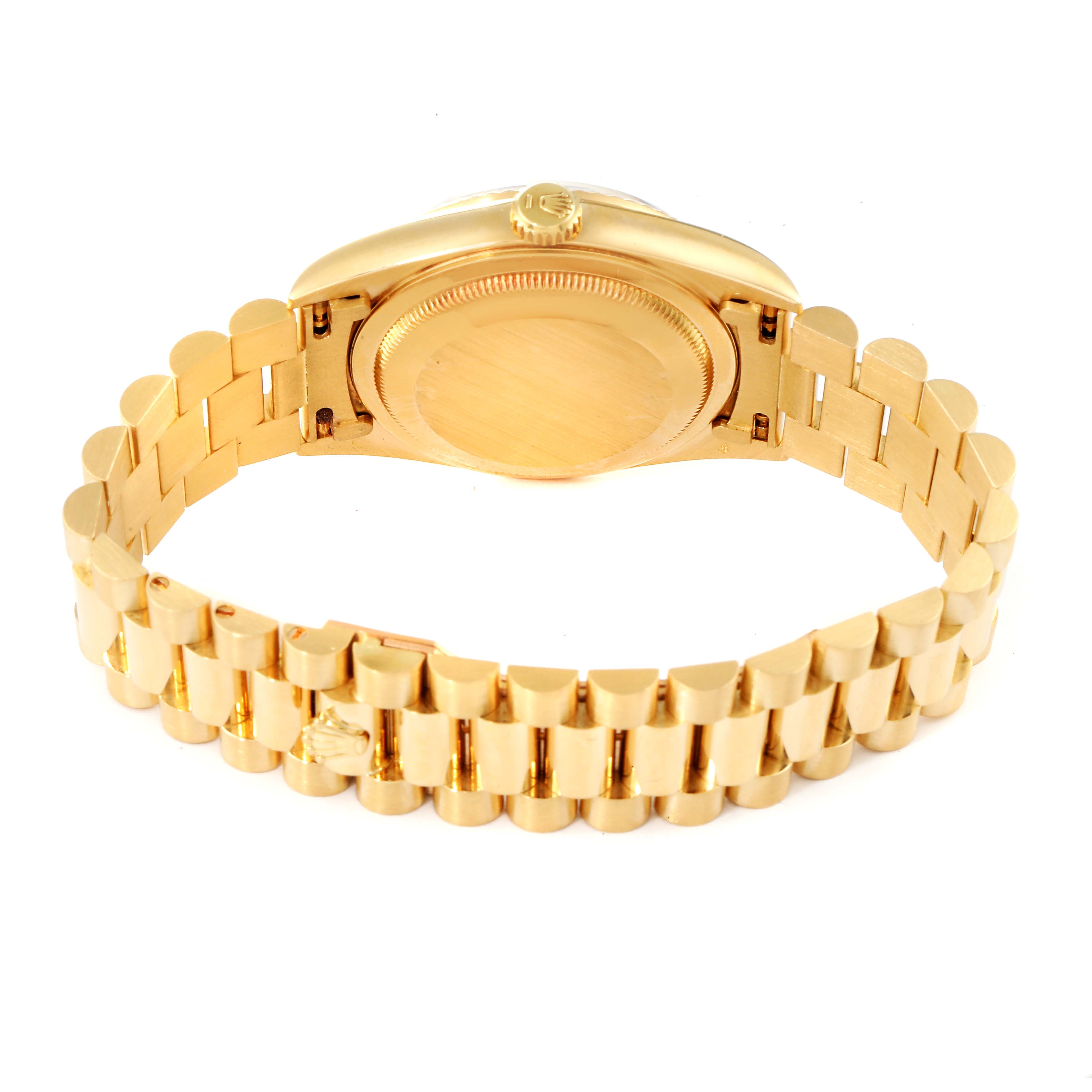 The image shows the back and bracelet of a Rolex President 18238 Men's Yellow Gold Black Dial 18238 Men's Yellow Gold Black Dial model watch from an angled underside view.