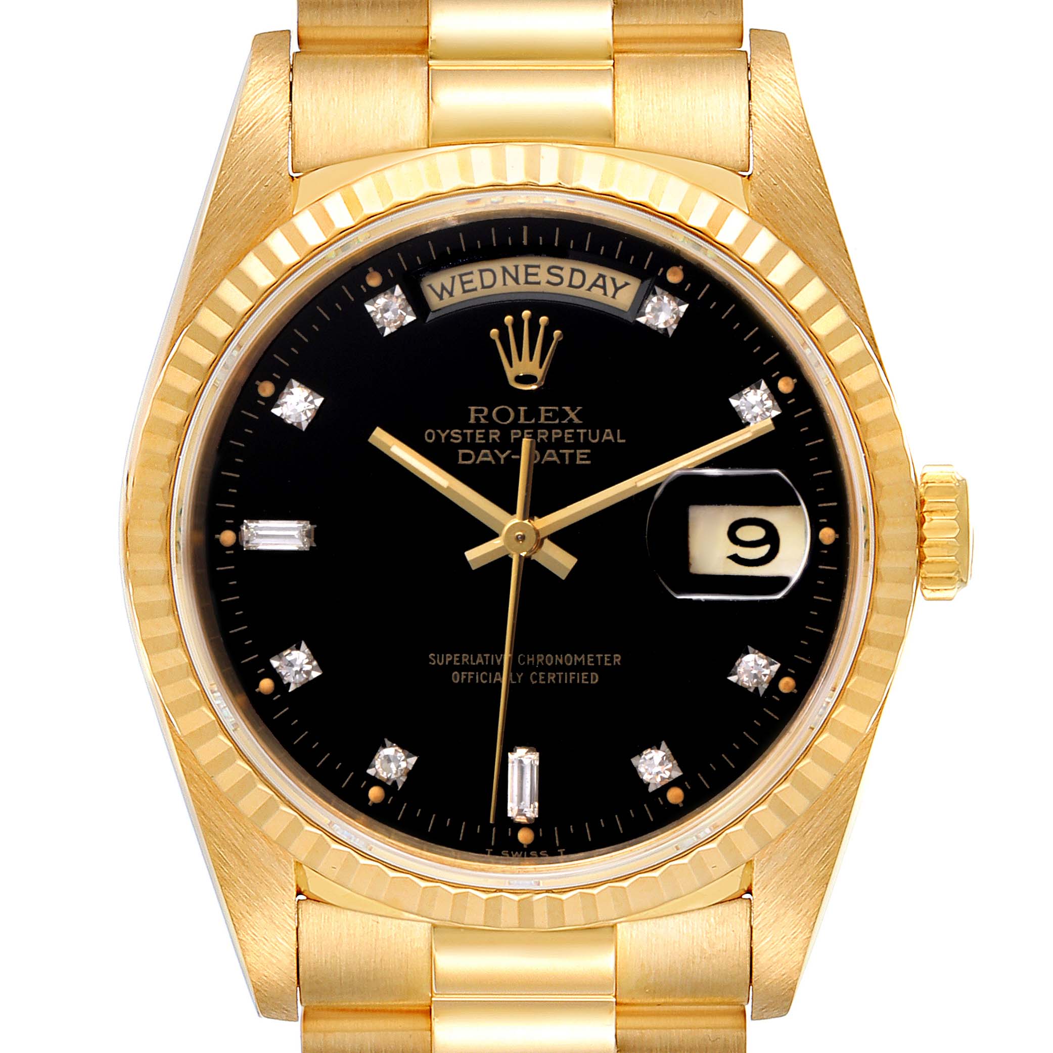 Front view of a Rolex President 18238 Men's Yellow Gold Black Dial 18238 Men's Yellow Gold Black Dial model, showcasing the gold case, black dial, day and date windows, and diamond hour markers.