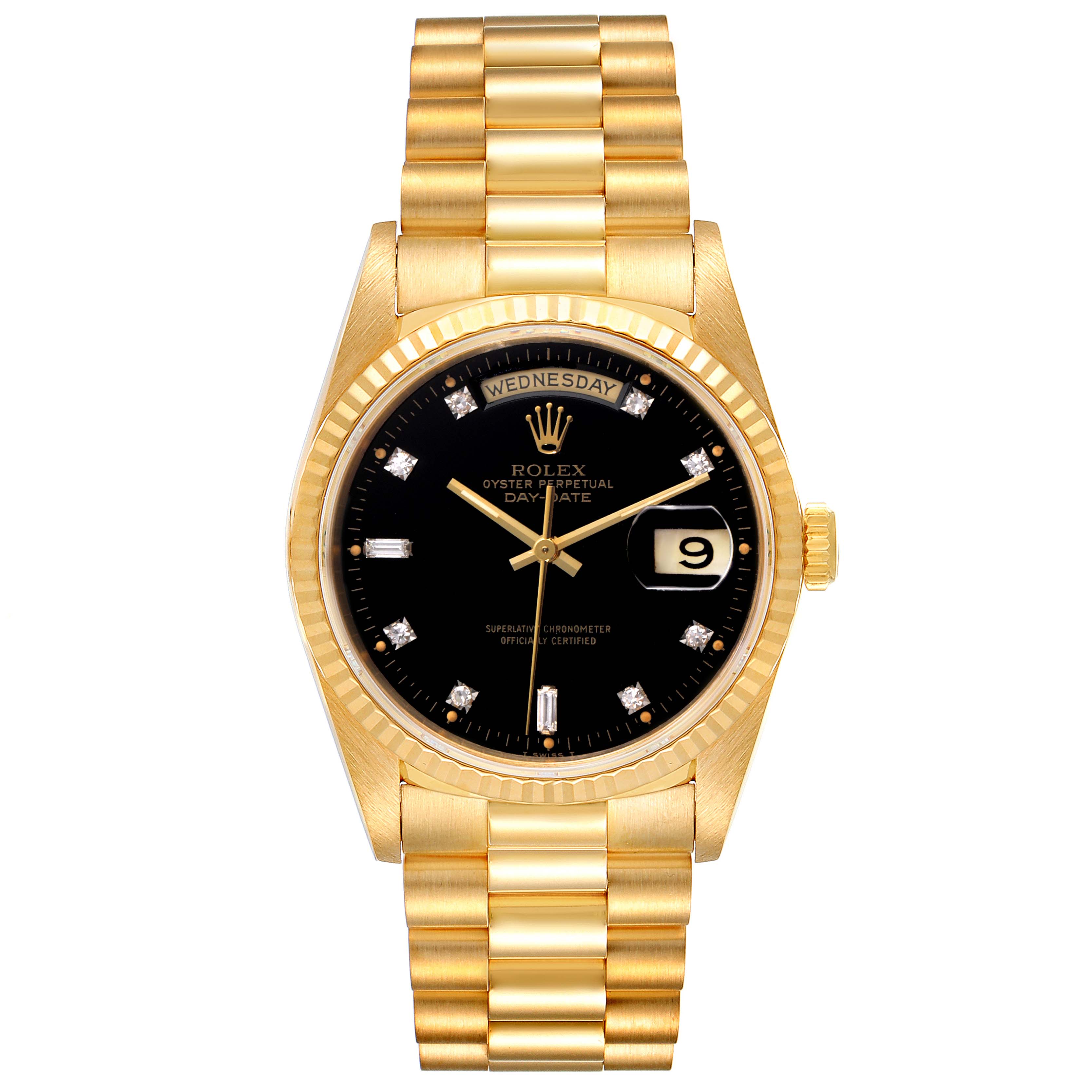 This image shows a frontal view of a Rolex President 18238 Men's Yellow Gold Black Dial 18238 Men's Yellow Gold Black Dial model watch, highlighting its gold bracelet, black dial, and date display.