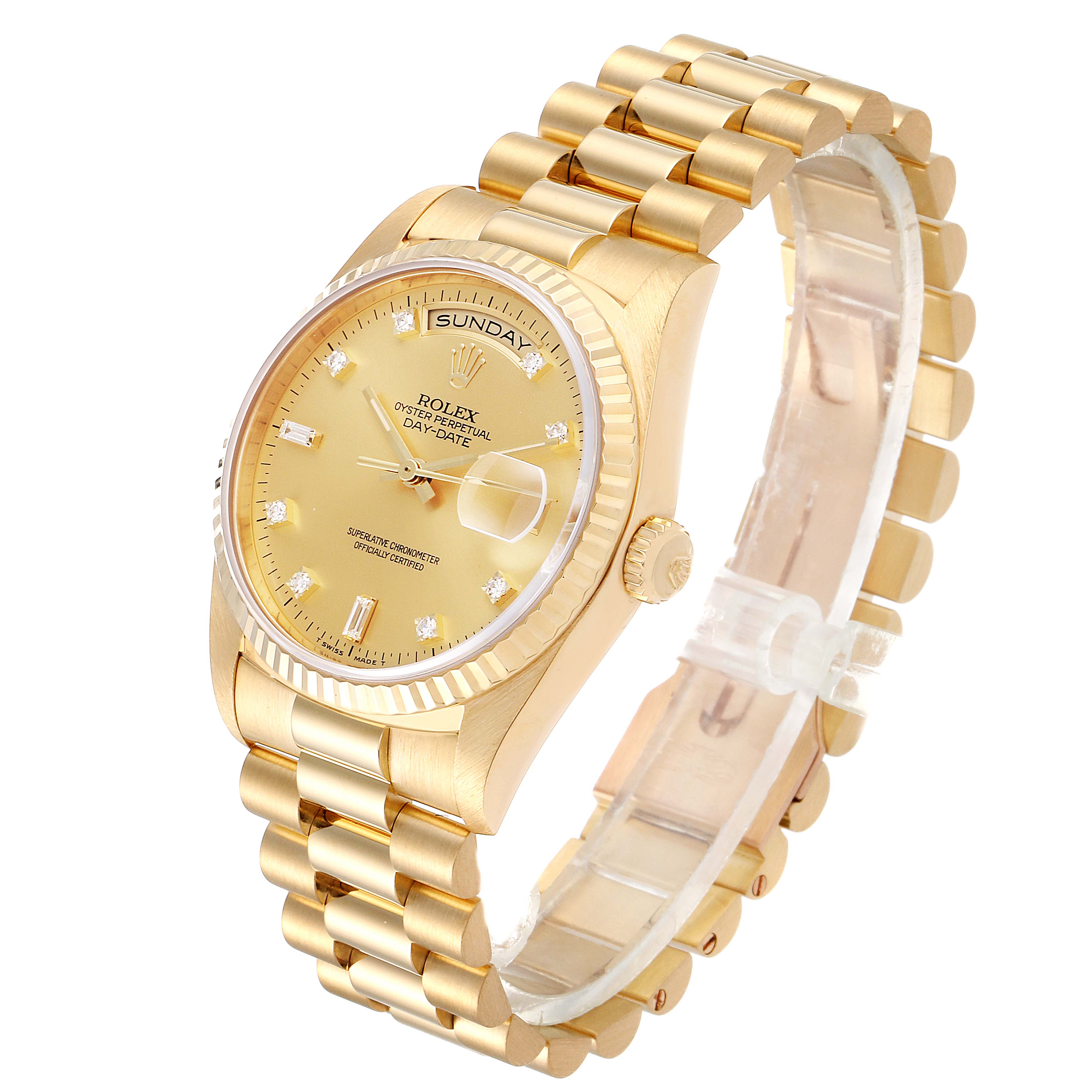The image shows a Rolex President 18238 Men
s Yellow Gold Champagne Dial 18238 Men
s Yellow Gold Champagne Dial model watch angled to display its gold bracelet, bezel, dial, and crown.