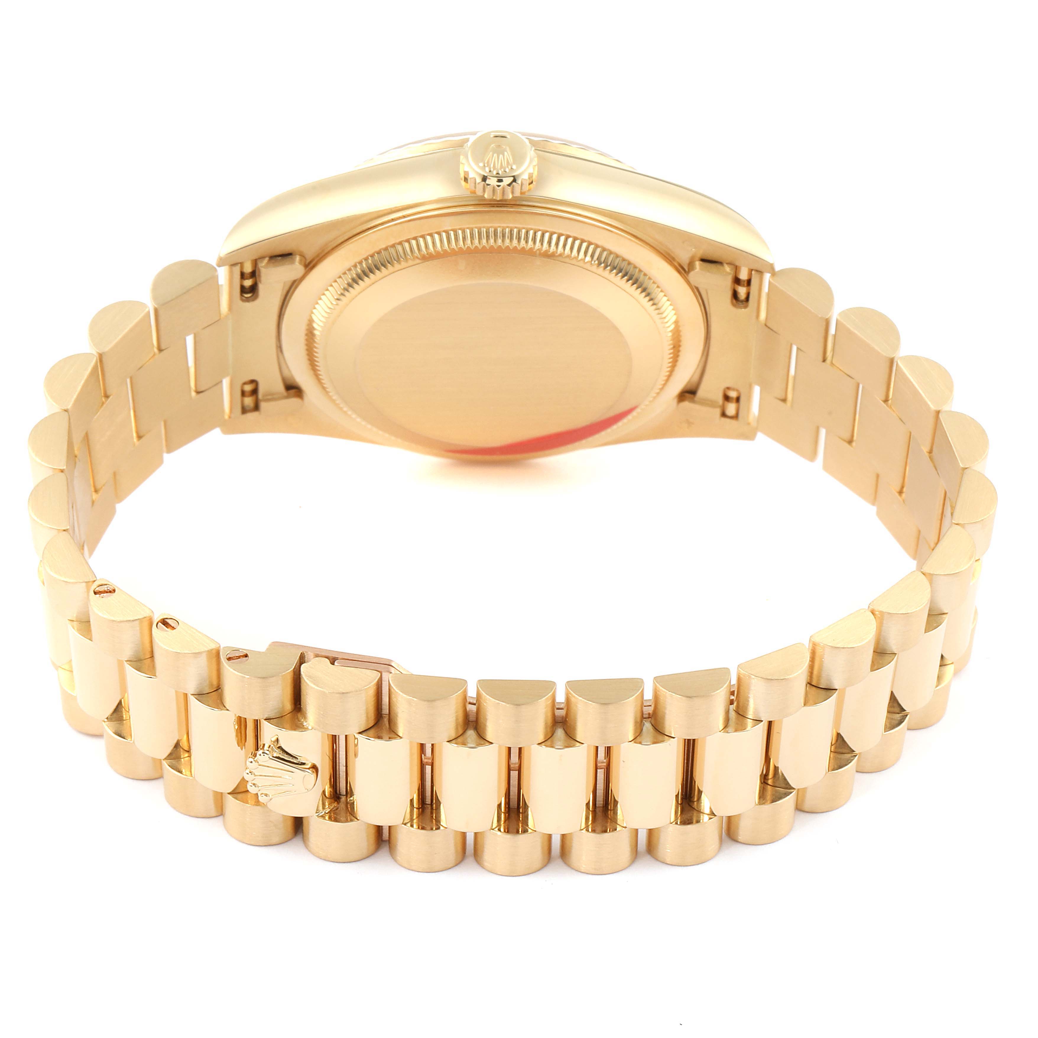 This image shows the back of a Rolex President 18238 Men
s Yellow Gold Champagne Dial 18238 Men
s Yellow Gold Champagne Dial model watch, highlighting the bracelet and case back.