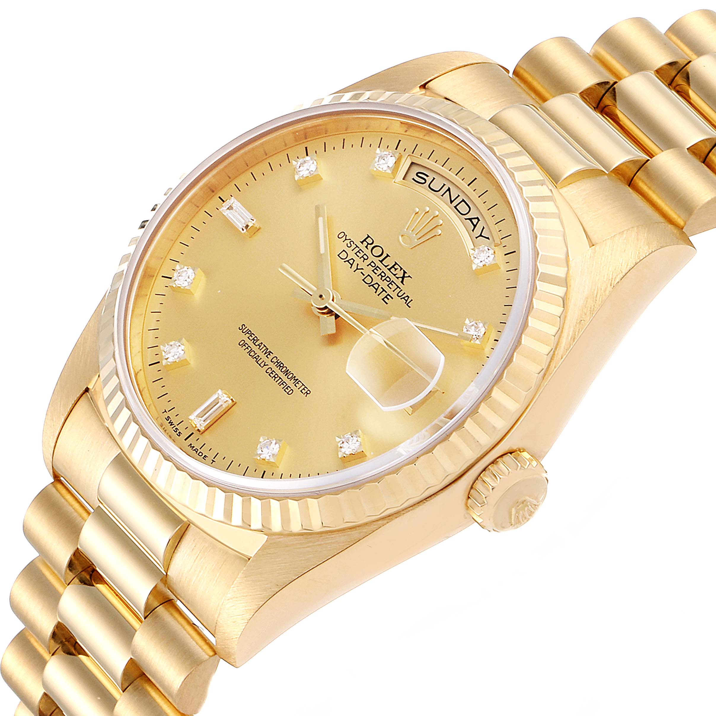 This image features a Rolex President 18238 Men
s Yellow Gold Champagne Dial 18238 Men
s Yellow Gold Champagne Dial model watch, showing its face, bezel, crown, and bracelet from a slight angle.