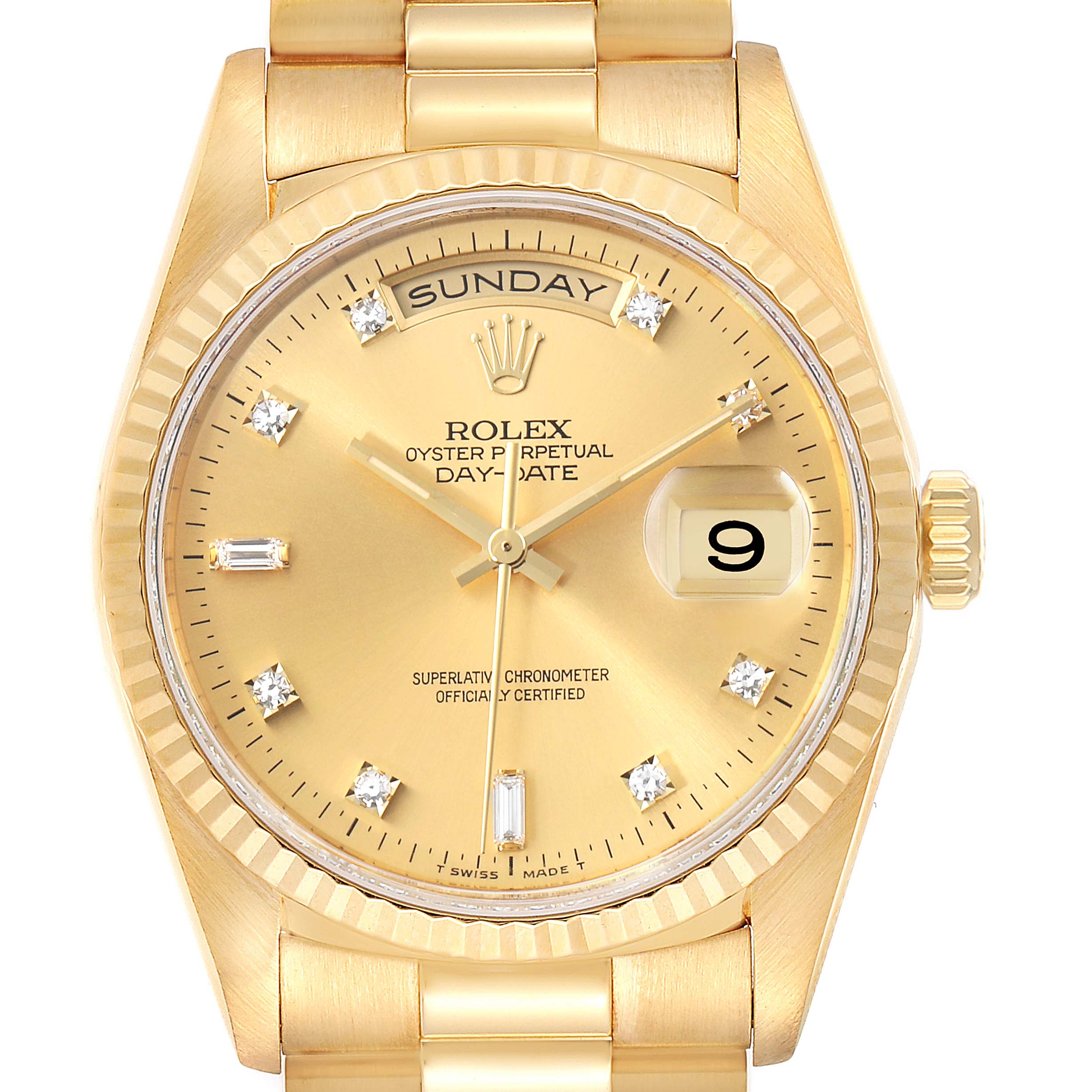 The image shows a frontal view of the Rolex President 18238 Men
s Yellow Gold Champagne Dial 18238 Men
s Yellow Gold Champagne Dial Oyster Perpetual Day-Date watch, highlighting its dial and bracelet links.