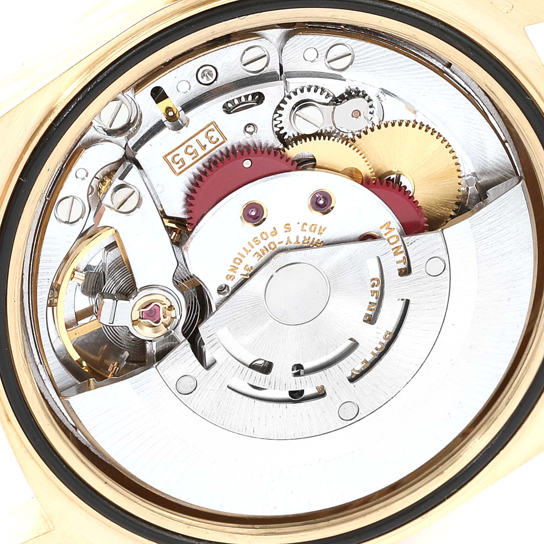 This image shows the intricate inner mechanism of the Rolex President 18238 Men
s Yellow Gold Champagne Dial 18238 Men
s Yellow Gold Champagne Dial model watch from a top-down view.
