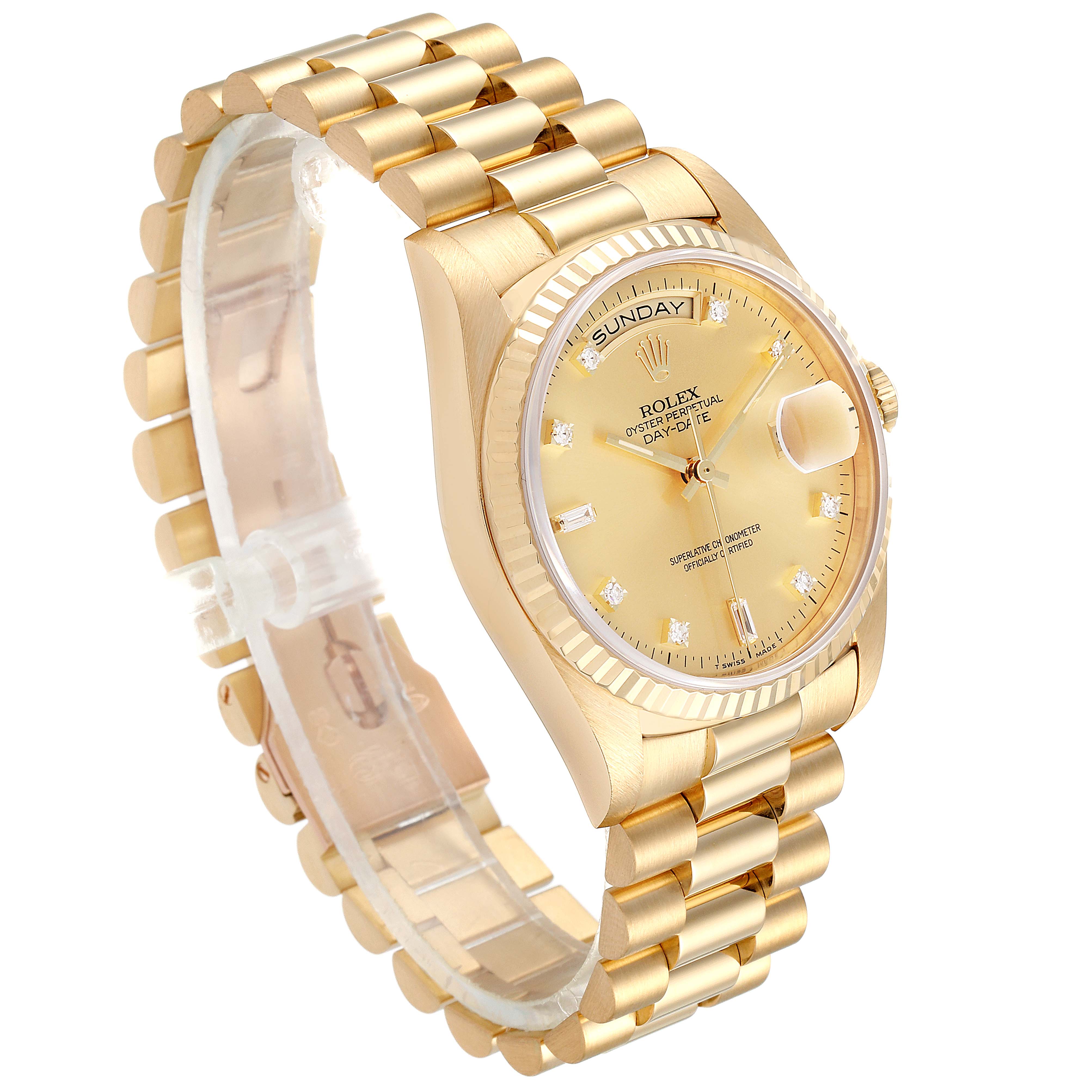 The image shows a side angle of the Rolex President 18238 Men
s Yellow Gold Champagne Dial 18238 Men
s Yellow Gold Champagne Dial model, highlighting the gold case, bracelet, and dial with day and date windows.