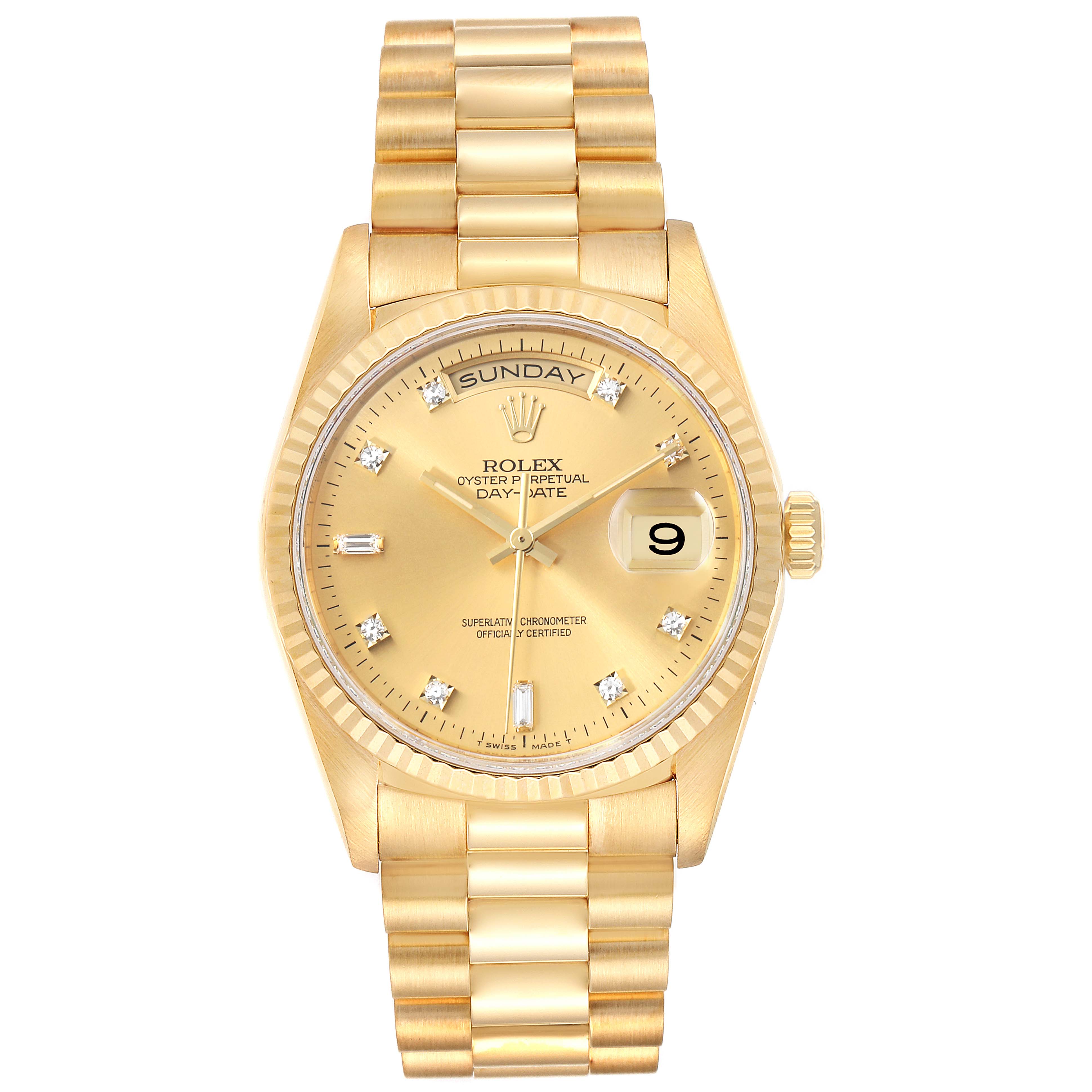 The image shows a front view of a Rolex President 18238 Men
s Yellow Gold Champagne Dial 18238 Men
s Yellow Gold Champagne Dial model watch, featuring its dial, bracelet, and day-date display.