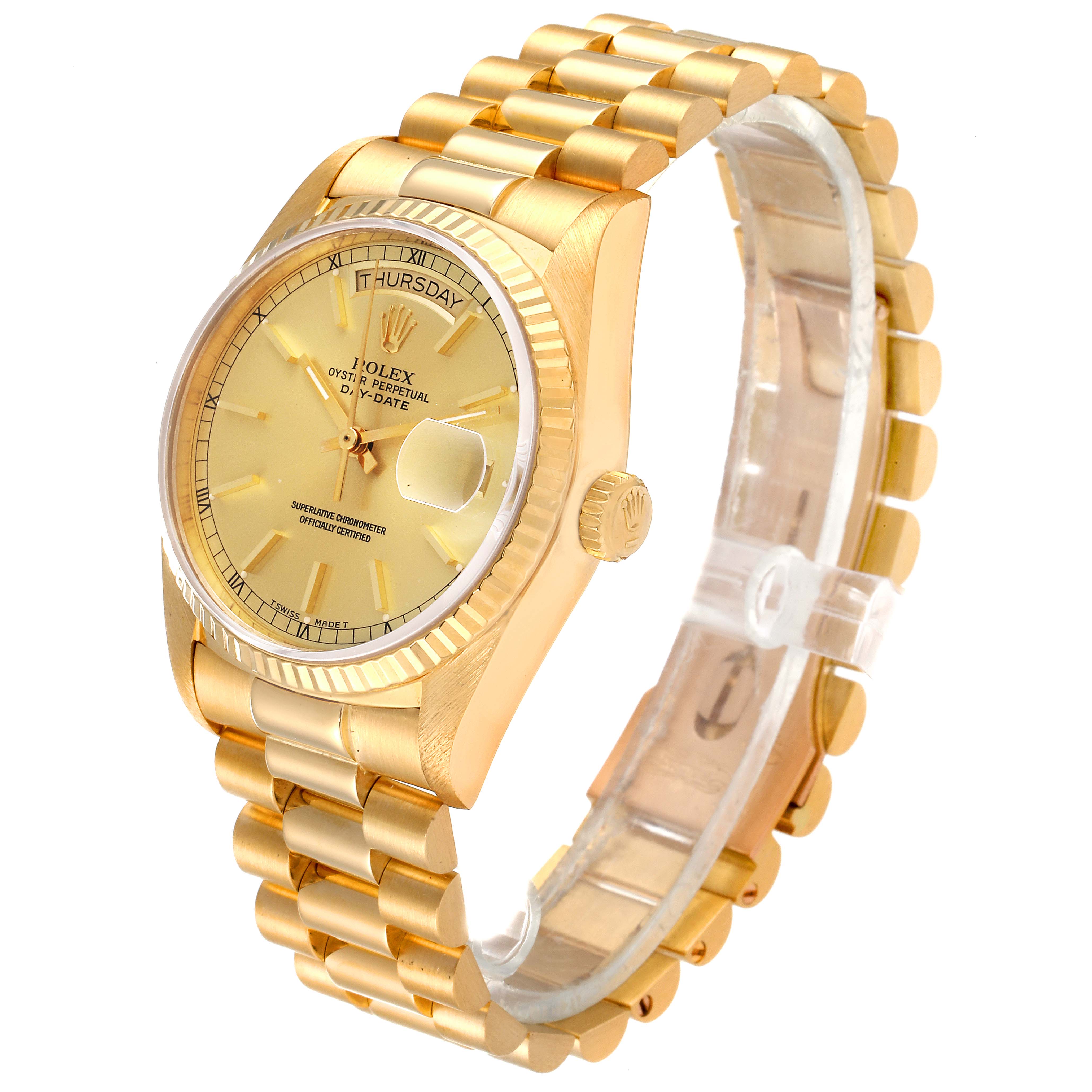 The image shows a side view of the Rolex President 18038 Men's Yellow Gold Champagne Dial 18038 Men's Yellow Gold Champagne Dial model watch, highlighting its gold bracelet, dial, and crown.