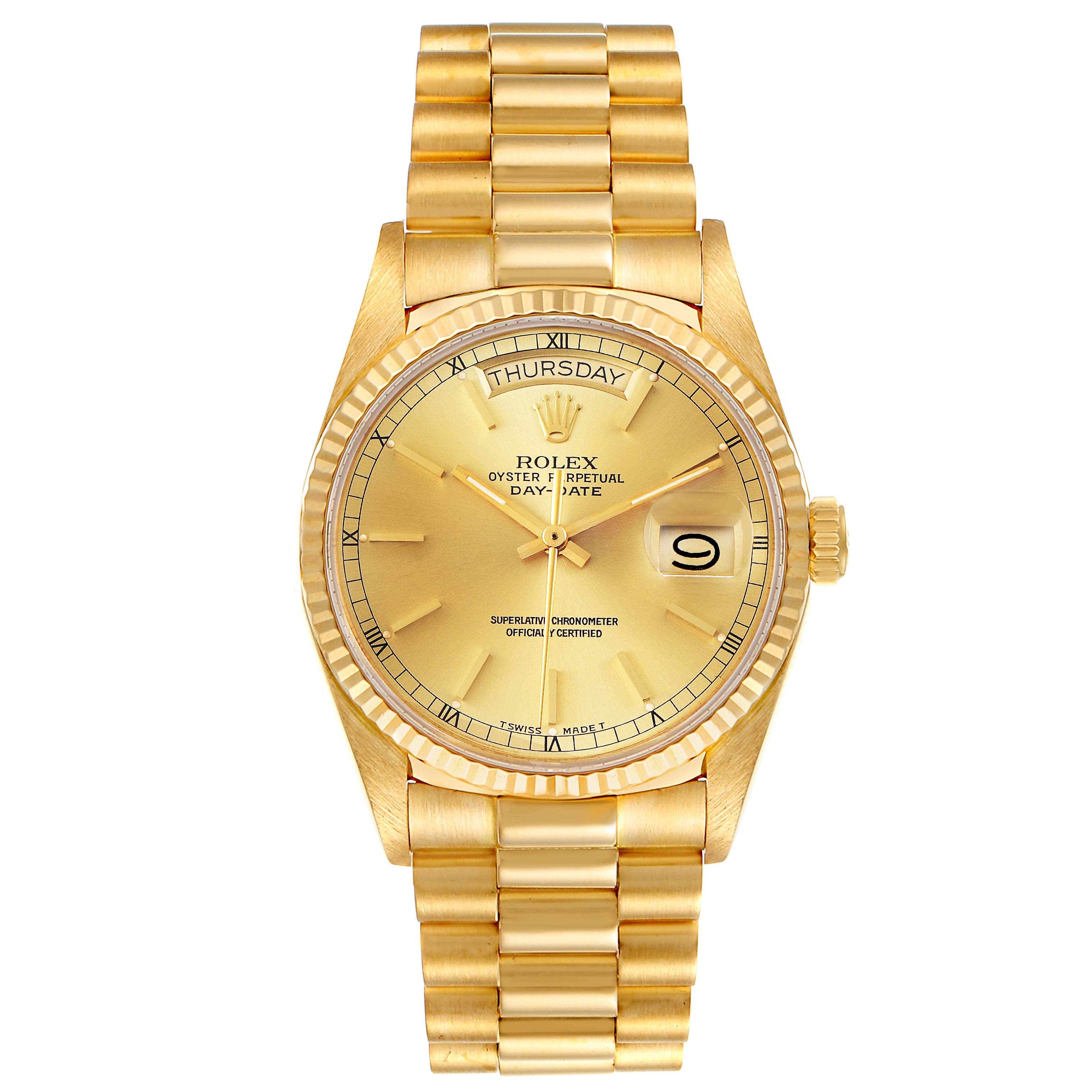 The image shows a front view of a Rolex President 18038 Men's Yellow Gold Champagne Dial 18038 Men's Yellow Gold Champagne Dial model watch, displaying its dial, bezel, and bracelet.