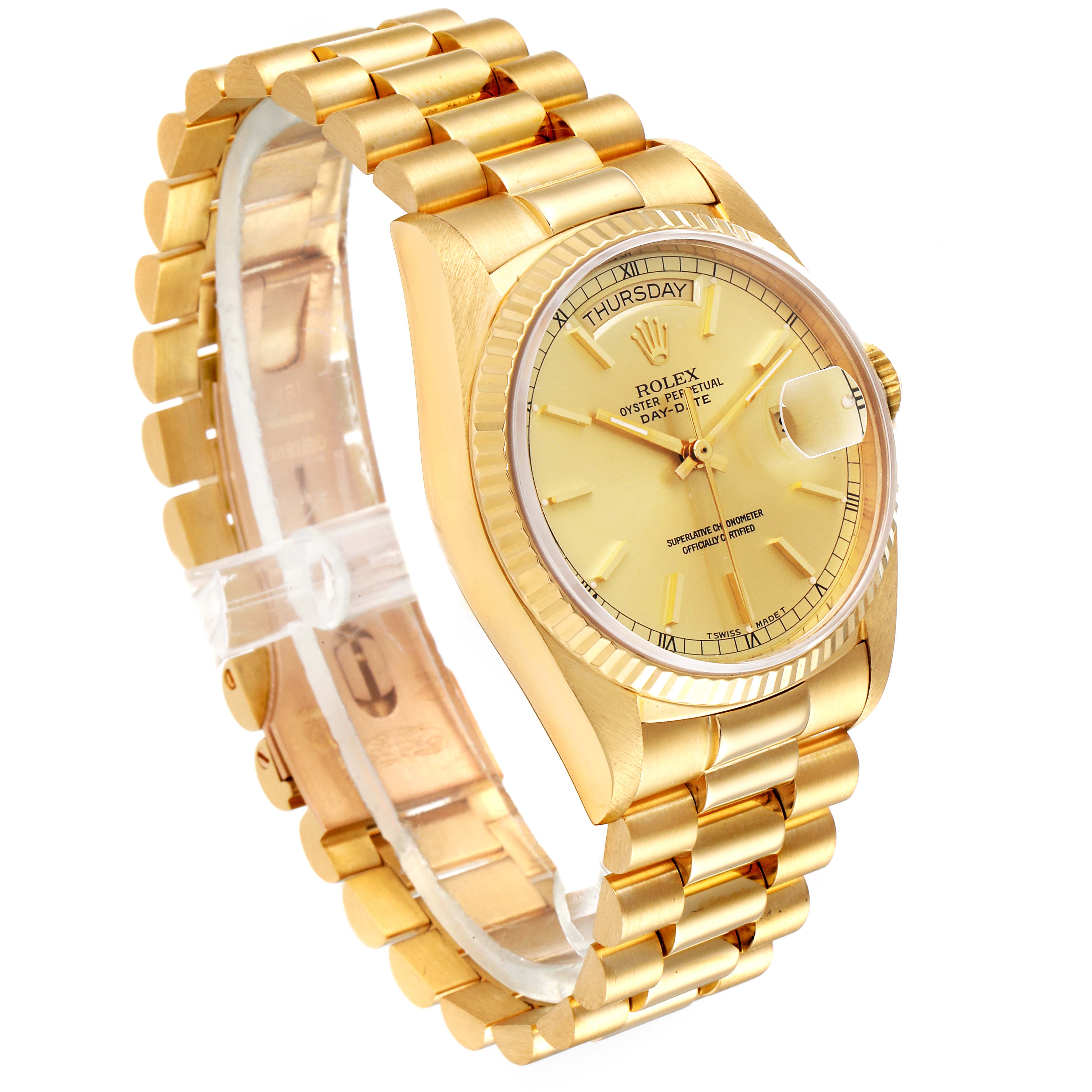 The image shows a side angle of a Rolex President 18038 Men's Yellow Gold Champagne Dial 18038 Men's Yellow Gold Champagne Dial model watch, highlighting the bracelet, case, dial, and day/date features.