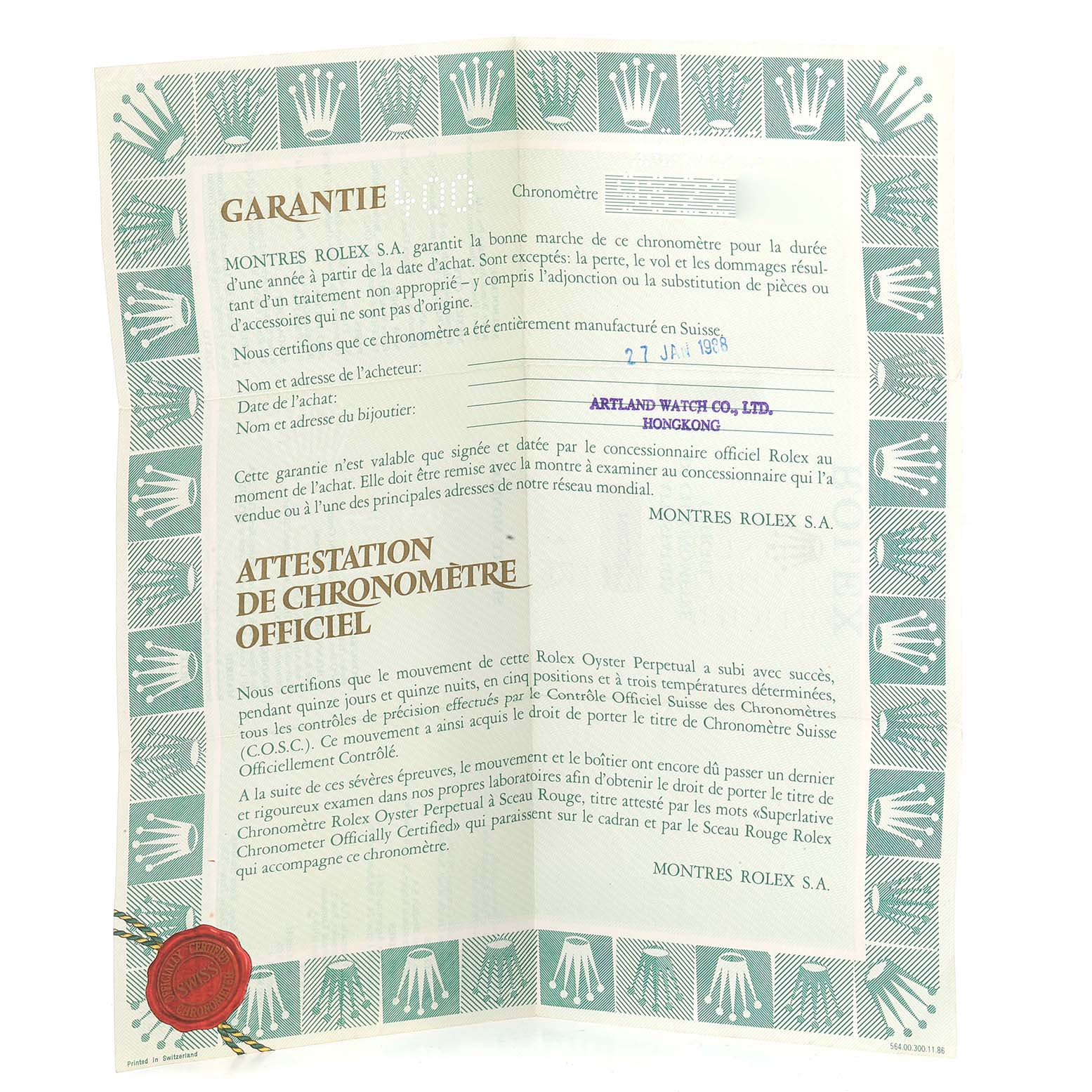 This image shows the warranty and chronometer certification paperwork for the Rolex President 18038 Men's Yellow Gold Champagne Dial 18038 Men's Yellow Gold Champagne Dial model watch.