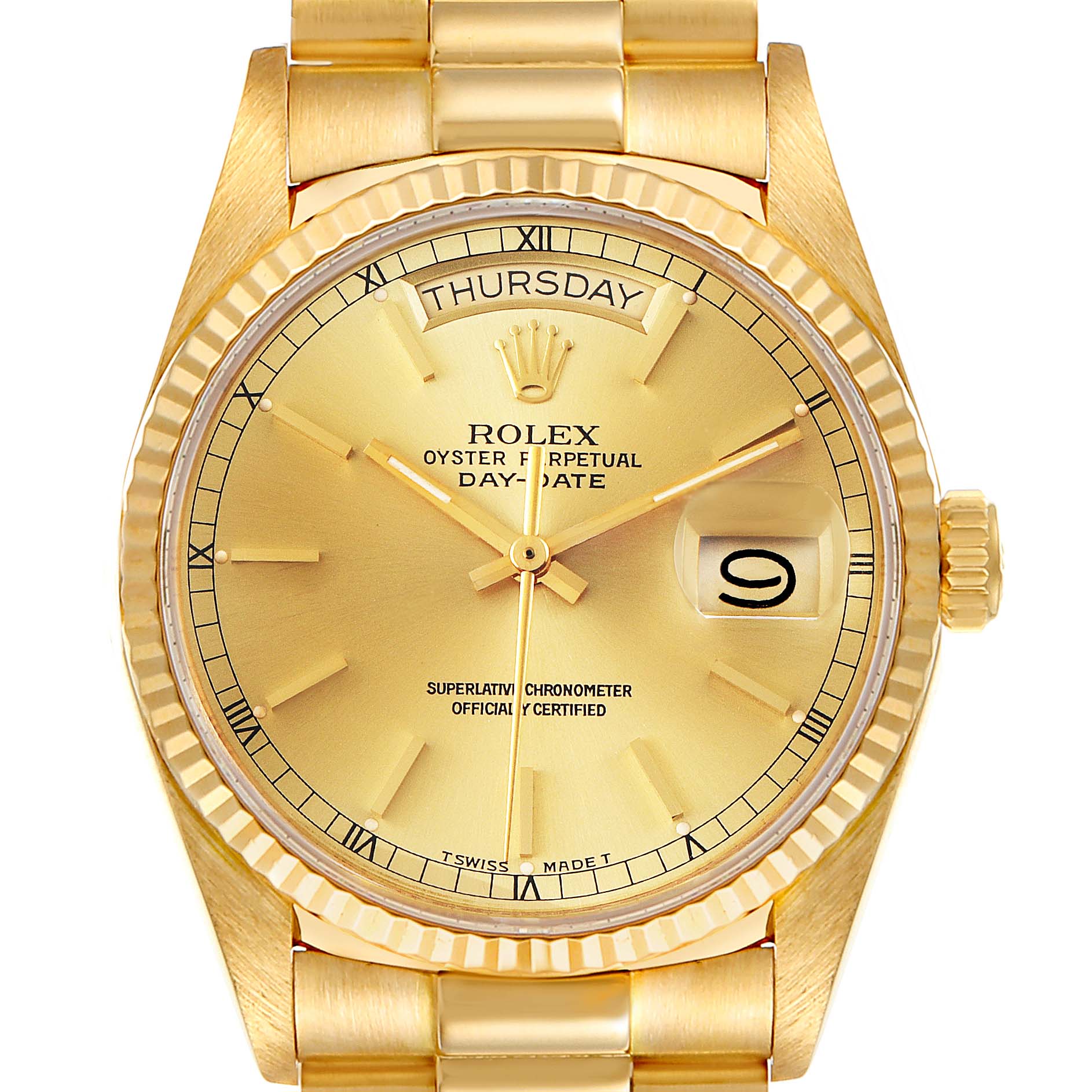 The image shows a frontal view of a Rolex President 18038 Men's Yellow Gold Champagne Dial 18038 Men's Yellow Gold Champagne Dial model watch, highlighting its gold dial, day-date display, and fluted bezel.