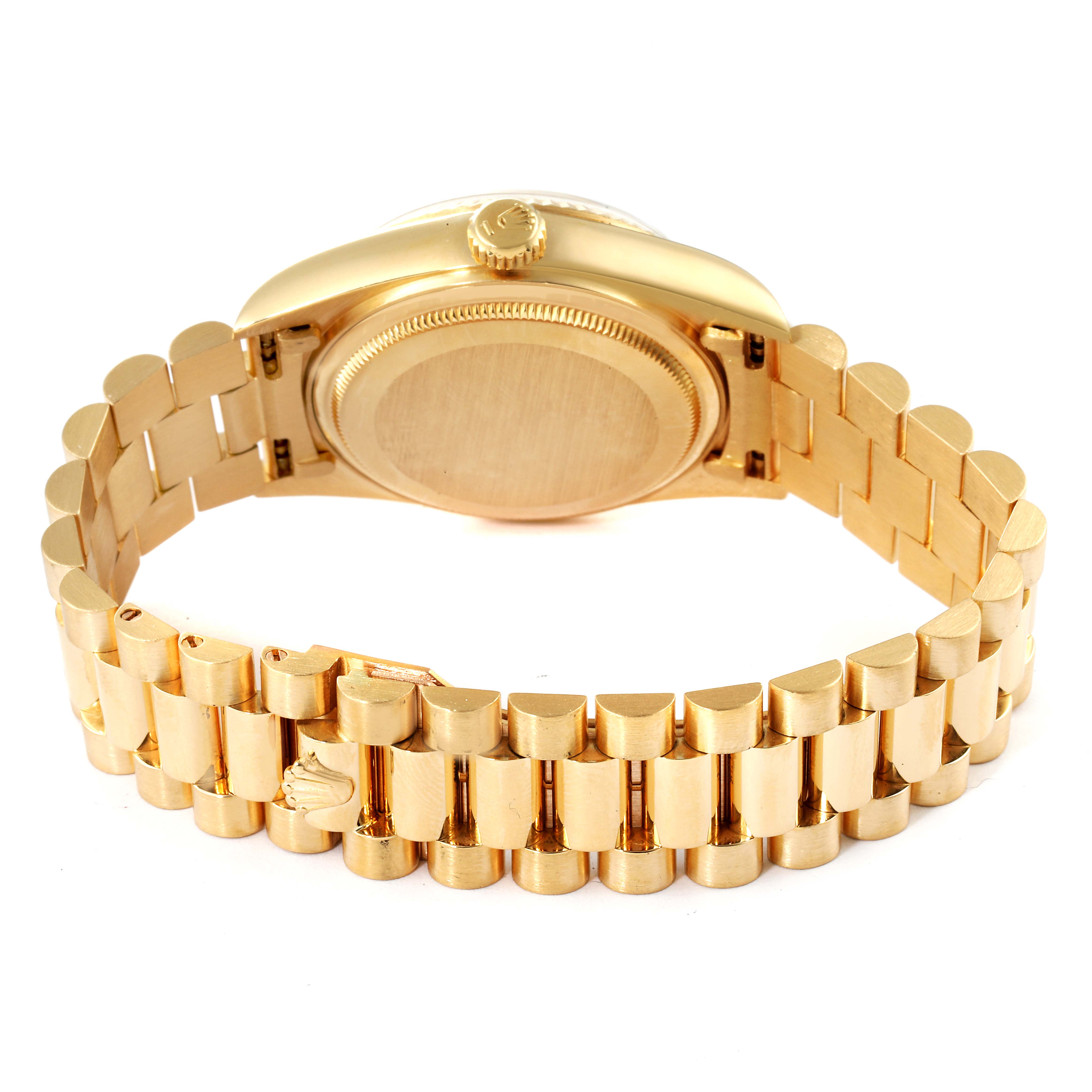 The image shows the back of a Rolex President 18038 Men's Yellow Gold Champagne Dial 18038 Men's Yellow Gold Champagne Dial model watch, highlighting the gold case and bracelet.