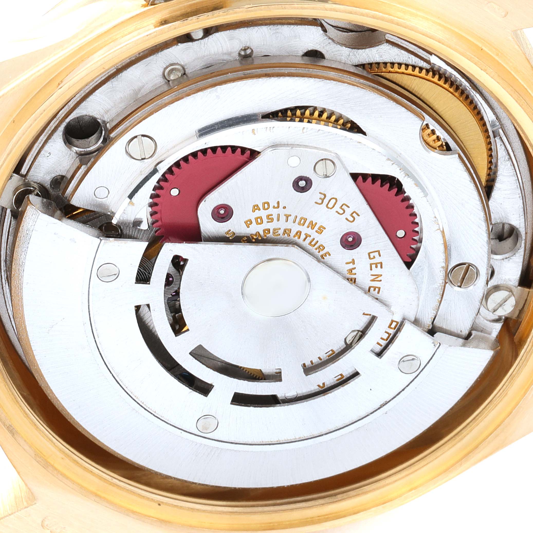 This image shows a close-up view of the internal movement mechanism of a Rolex President 18038 Men's Yellow Gold Champagne Dial 18038 Men's Yellow Gold Champagne Dial watch.