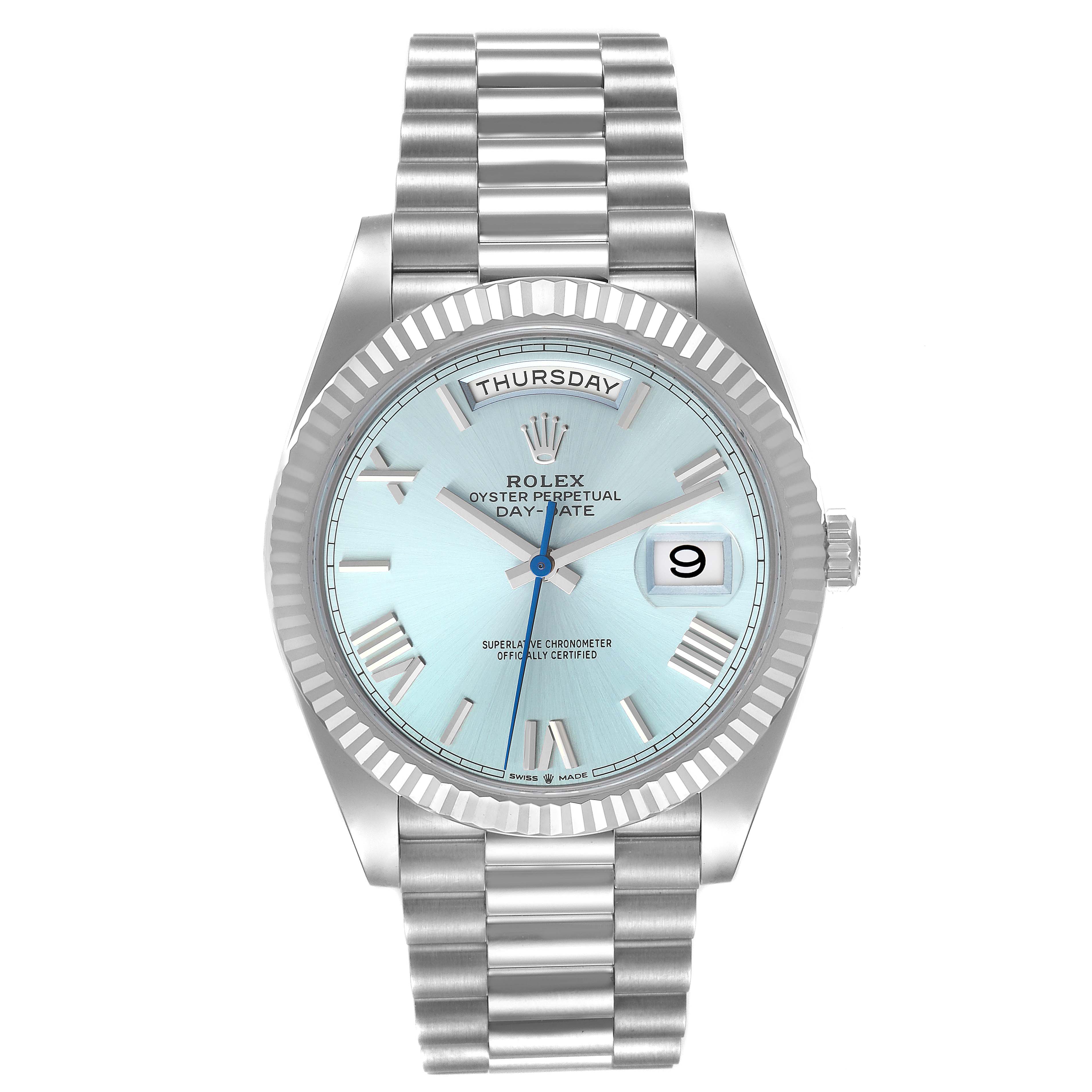 This image shows a Rolex President 228236 Men's White Gold Blue Dial 228236 Men's White Gold Blue Dial model watch from a front angle, displaying the face, bezel, and bracelet.