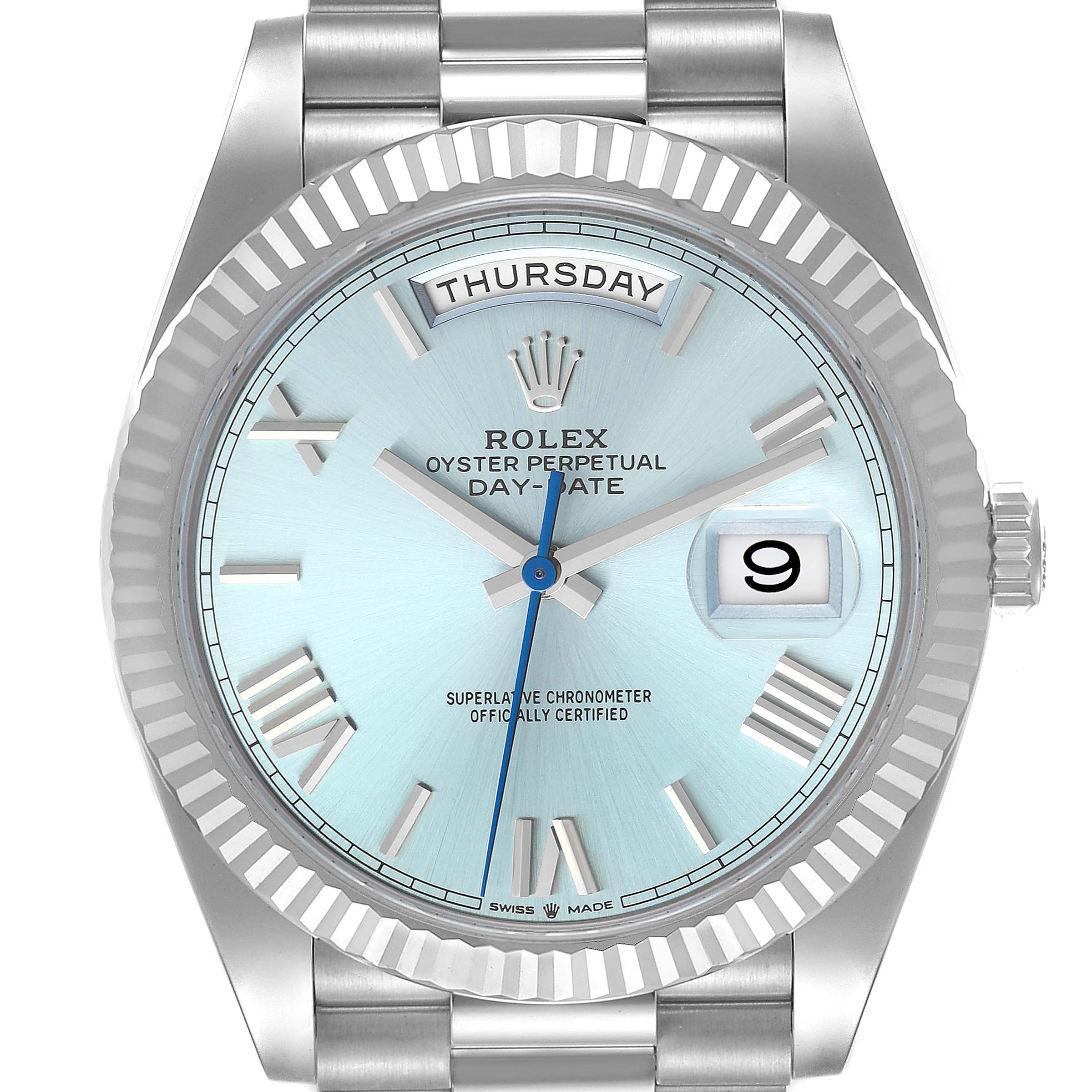 The image shows a frontal view of a Rolex President 228236 Men's White Gold Blue Dial 228236 Men's White Gold Blue Dial model watch, highlighting its dial, bezel, and bracelet.