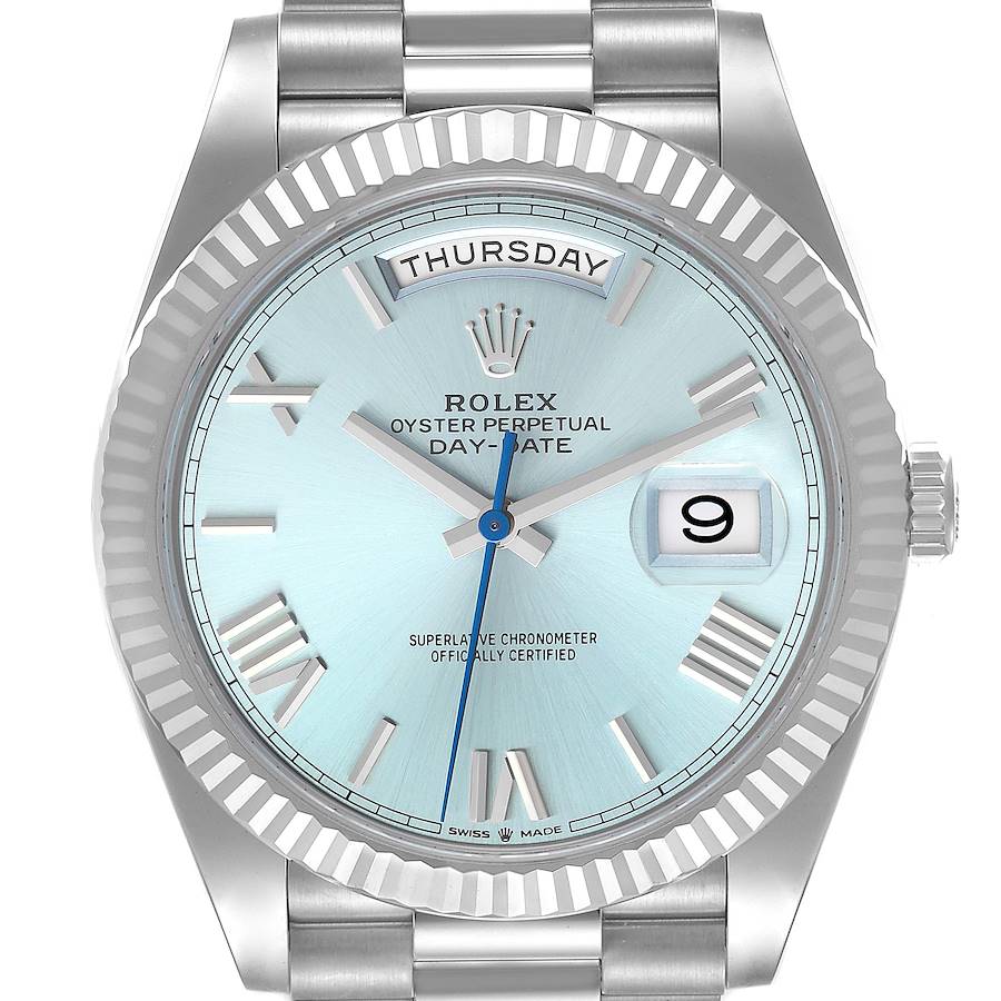 Rolex President Day-Date 40 Ice Blue Dial Platinum Mens Watch 228236 Unworn SwissWatchExpo