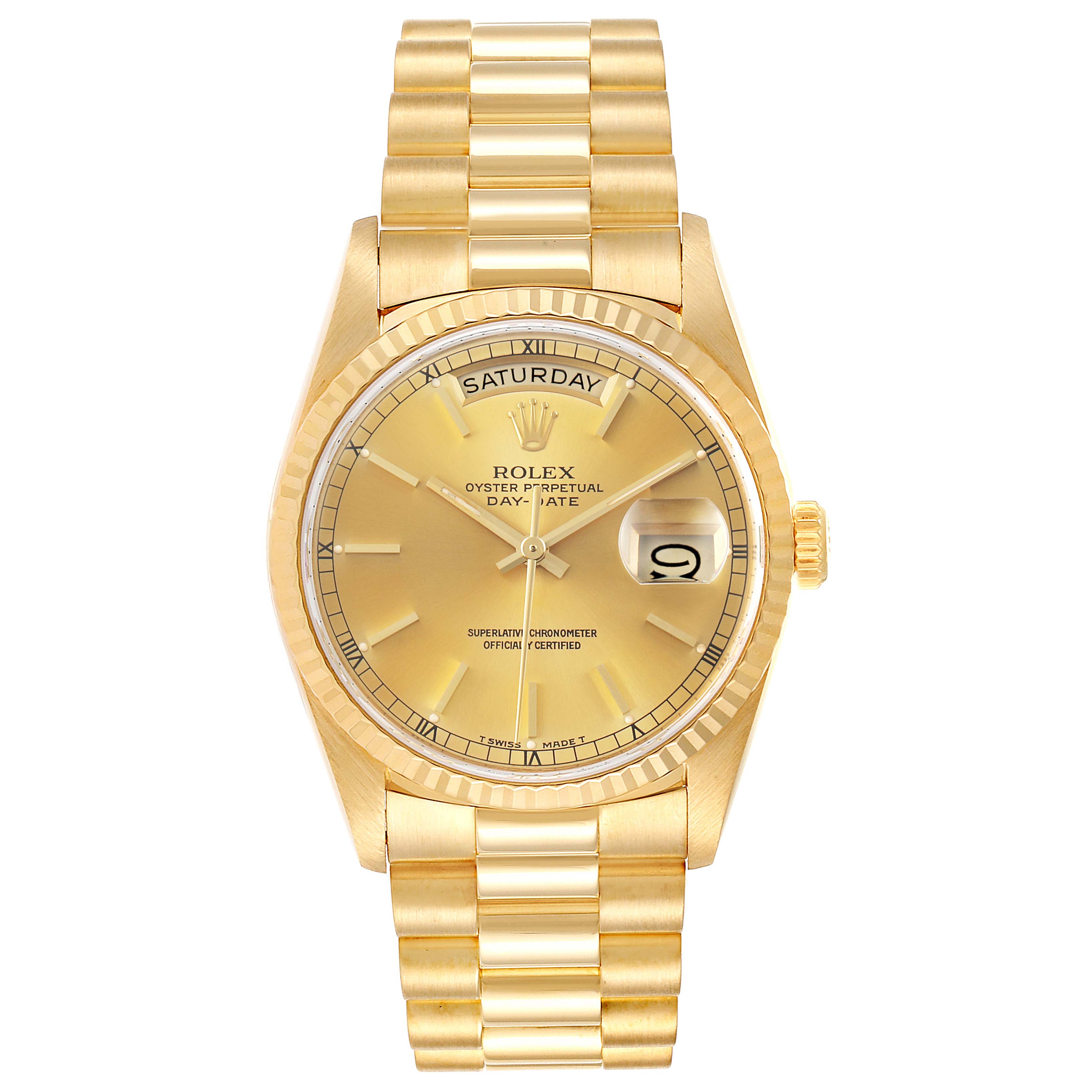 The image shows a front view of a Rolex President 18238 Men
s Yellow Gold Champagne Dial 18238 Men
s Yellow Gold Champagne Dial model watch, highlighting the dial, bezel, crown, and bracelet.